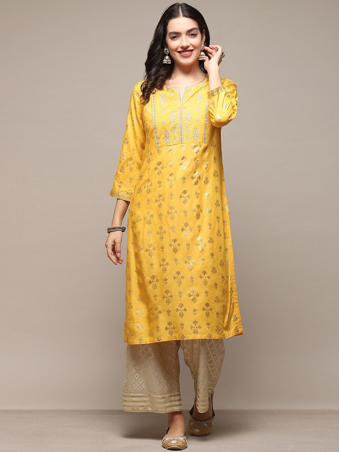 

Biba Ethnic Motifs Printed Thread Work Straight Kurta with Palazzo, Yellow