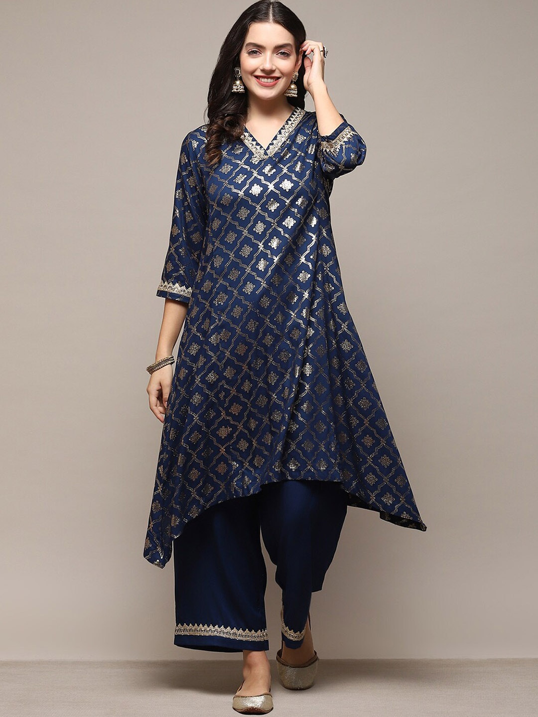 

Biba Ethnic Motifs Printed V-Neck A-Line Kurta with Palazzo, Blue