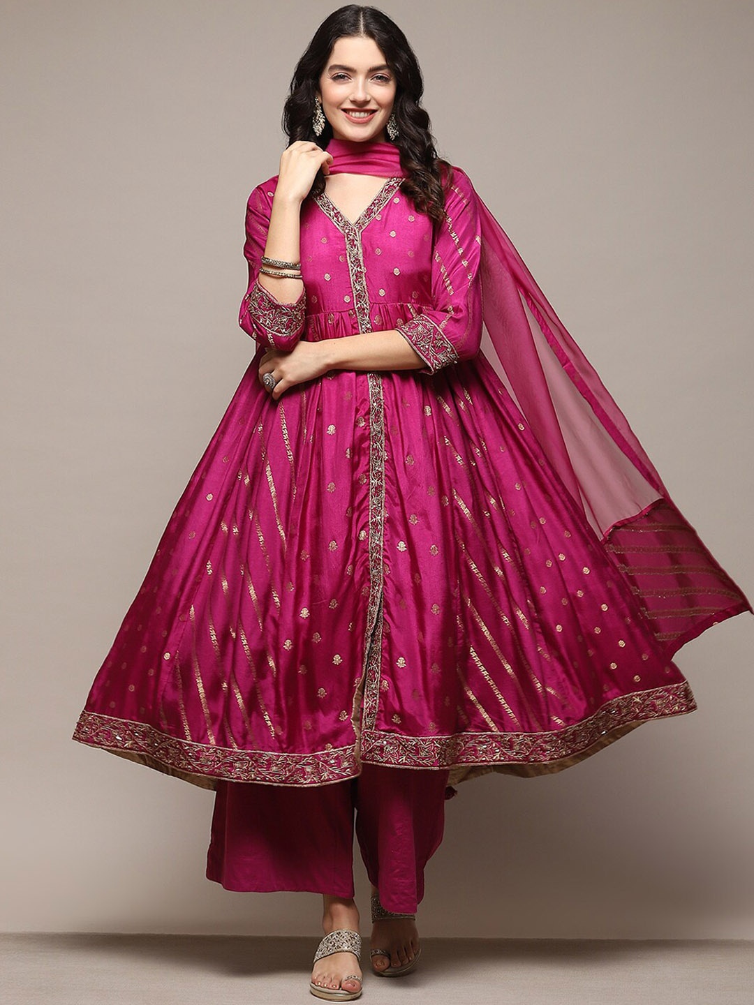 

Biba Ethnic Motifs Printed Empire Kurta with Palazzos & With Dupatta, Magenta