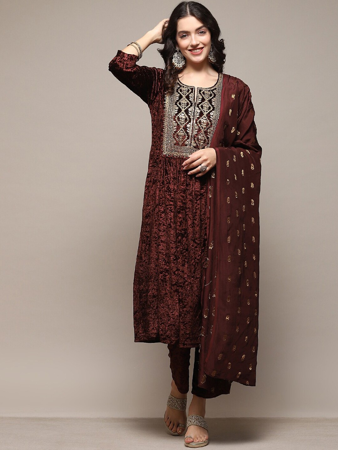 

Biba Floral Yoke Design Regular Velvet Kurta With Palazzos & Dupatta, Brown