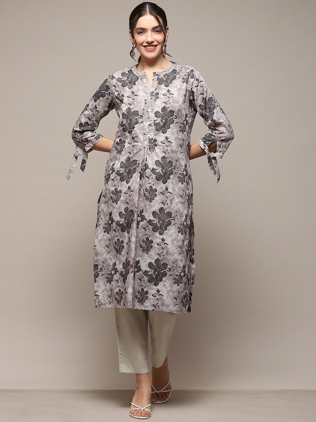 

Biba Floral Printed Regular Chanderi Cotton Kurta with Trousers, Charcoal