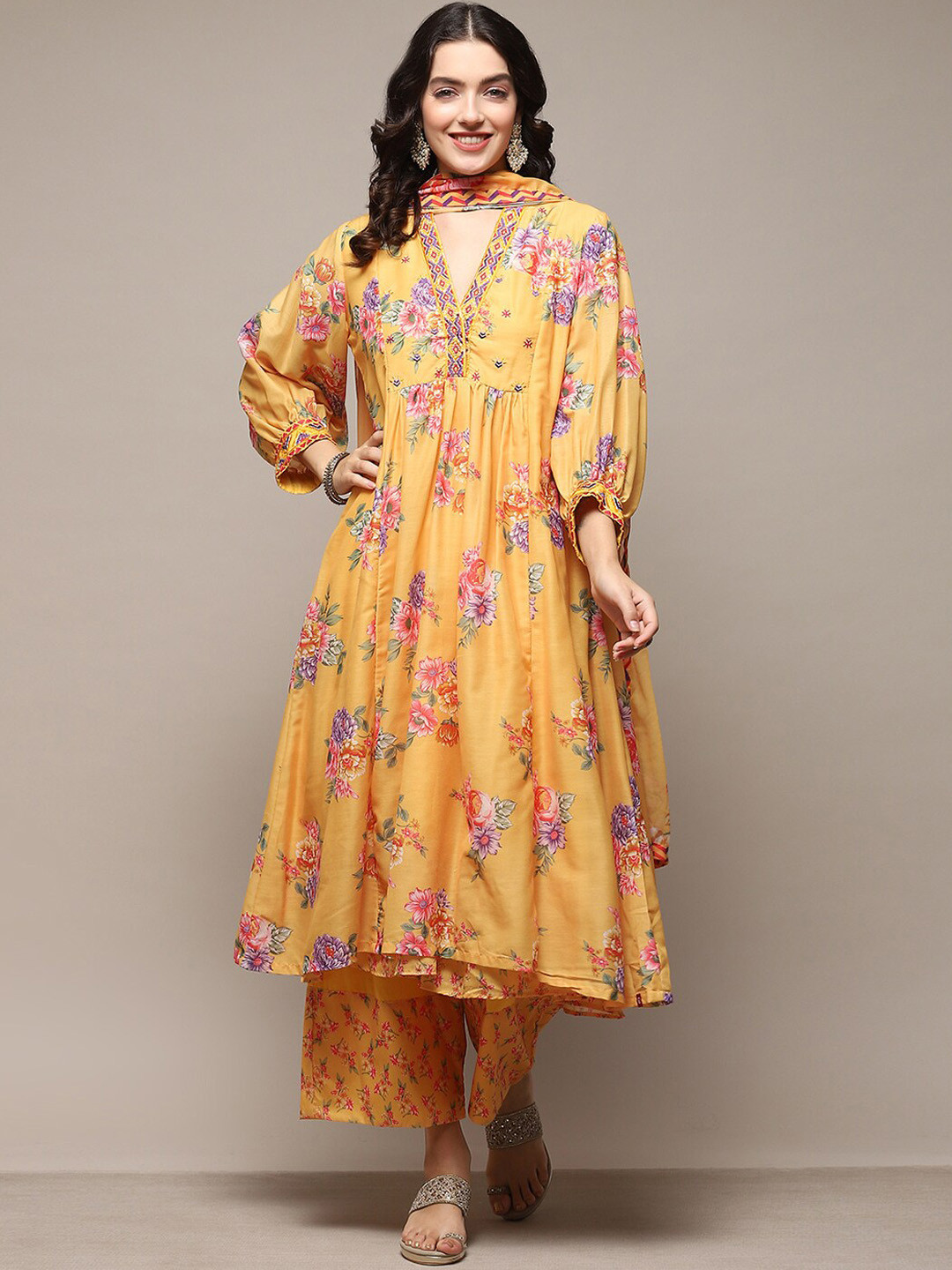 

Biba Floral Printed Empire Thread Work Chanderi Cotton Kurta with Palazzos & With Dupatta, Yellow