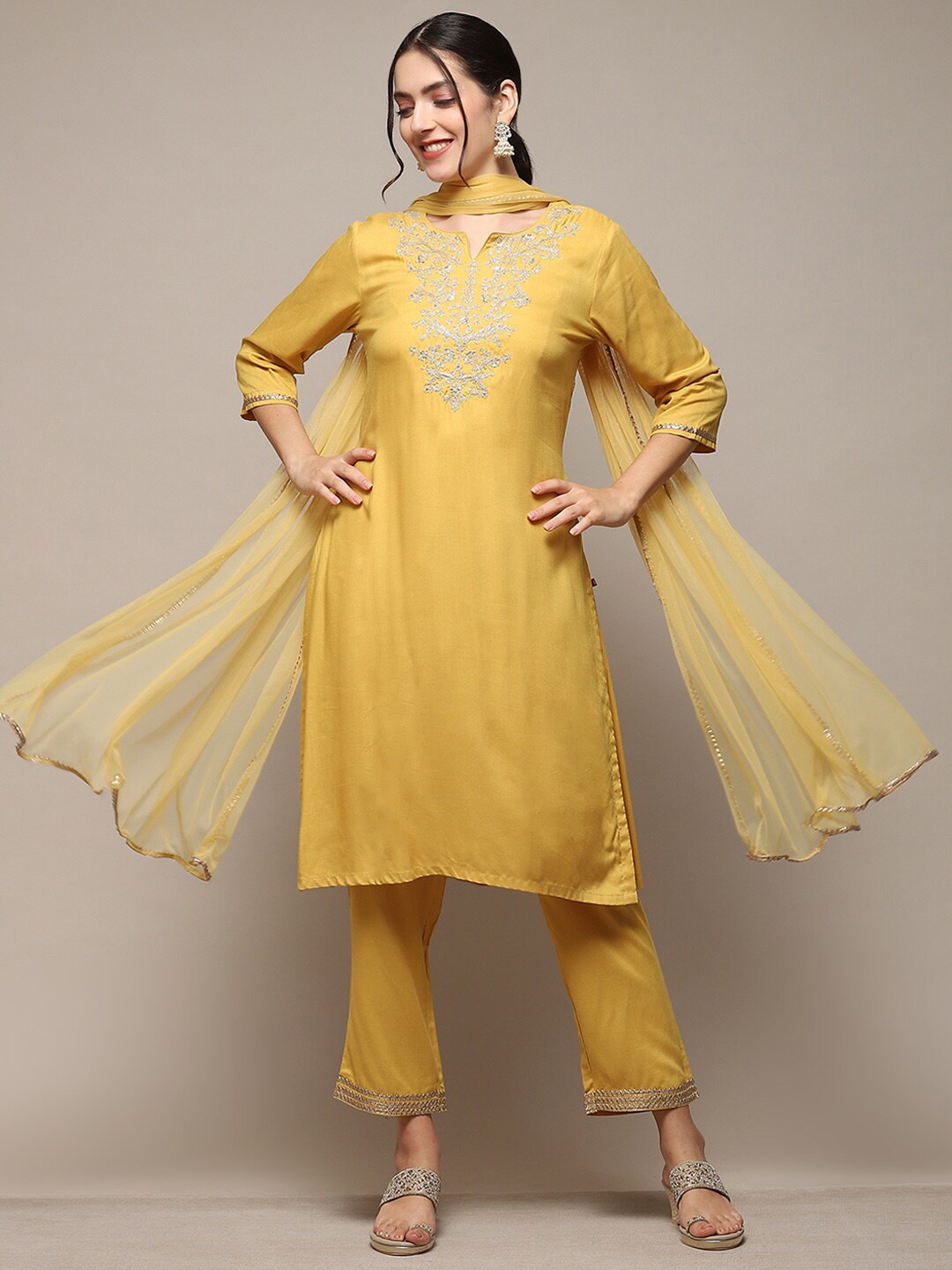 

Biba Ethnic Motifs Yoke Design Thread Work Straight Kurta with Trouser & Dupatta, Yellow