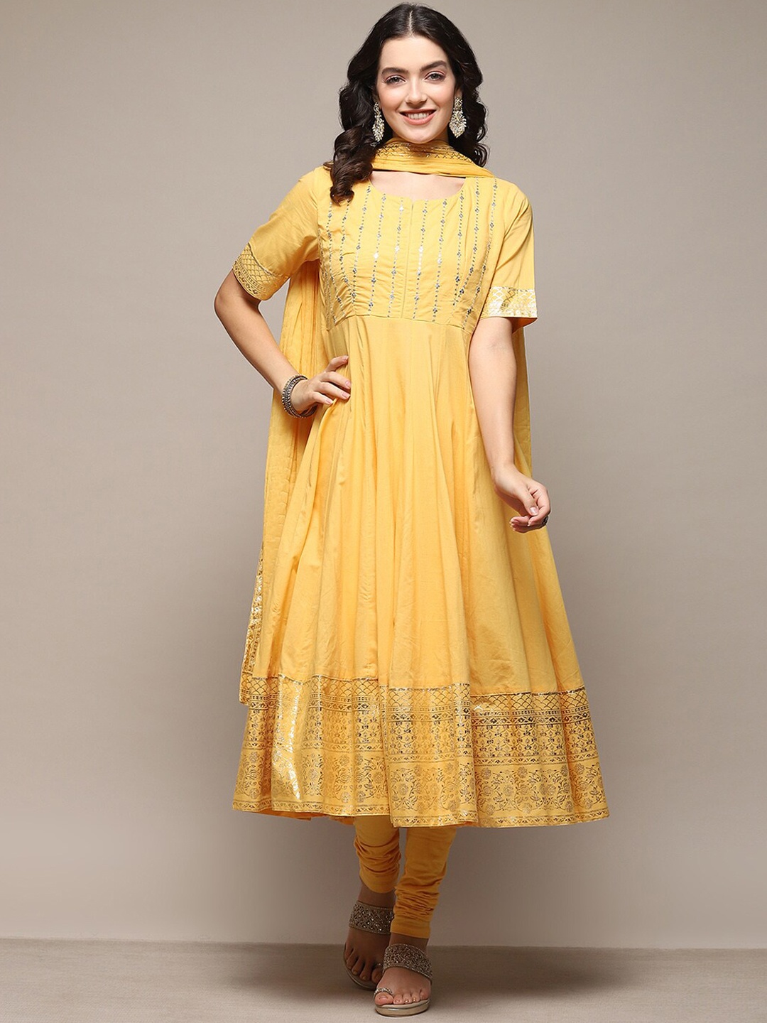 

Biba Ethnic Motifs Embroidered Regular Thread Work Kurta With Leggings & Dupatta, Mustard