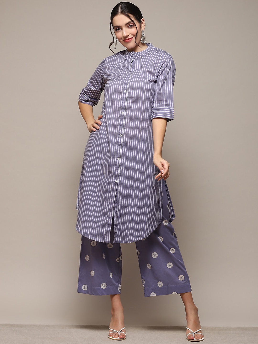 

Biba Striped Regular Chanderi Cotton Kurta with Trousers, Grey