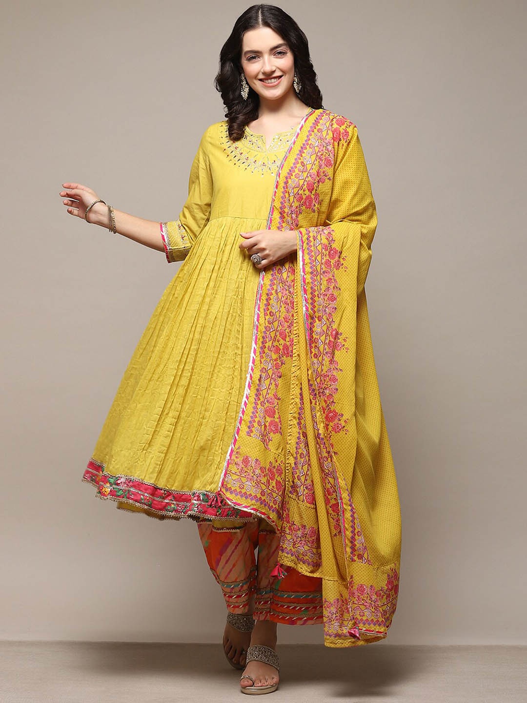 

Biba Ethnic Motifs Yoke Design Thread Work Anarkali Kurta with Palazzos & Dupatta, Mustard