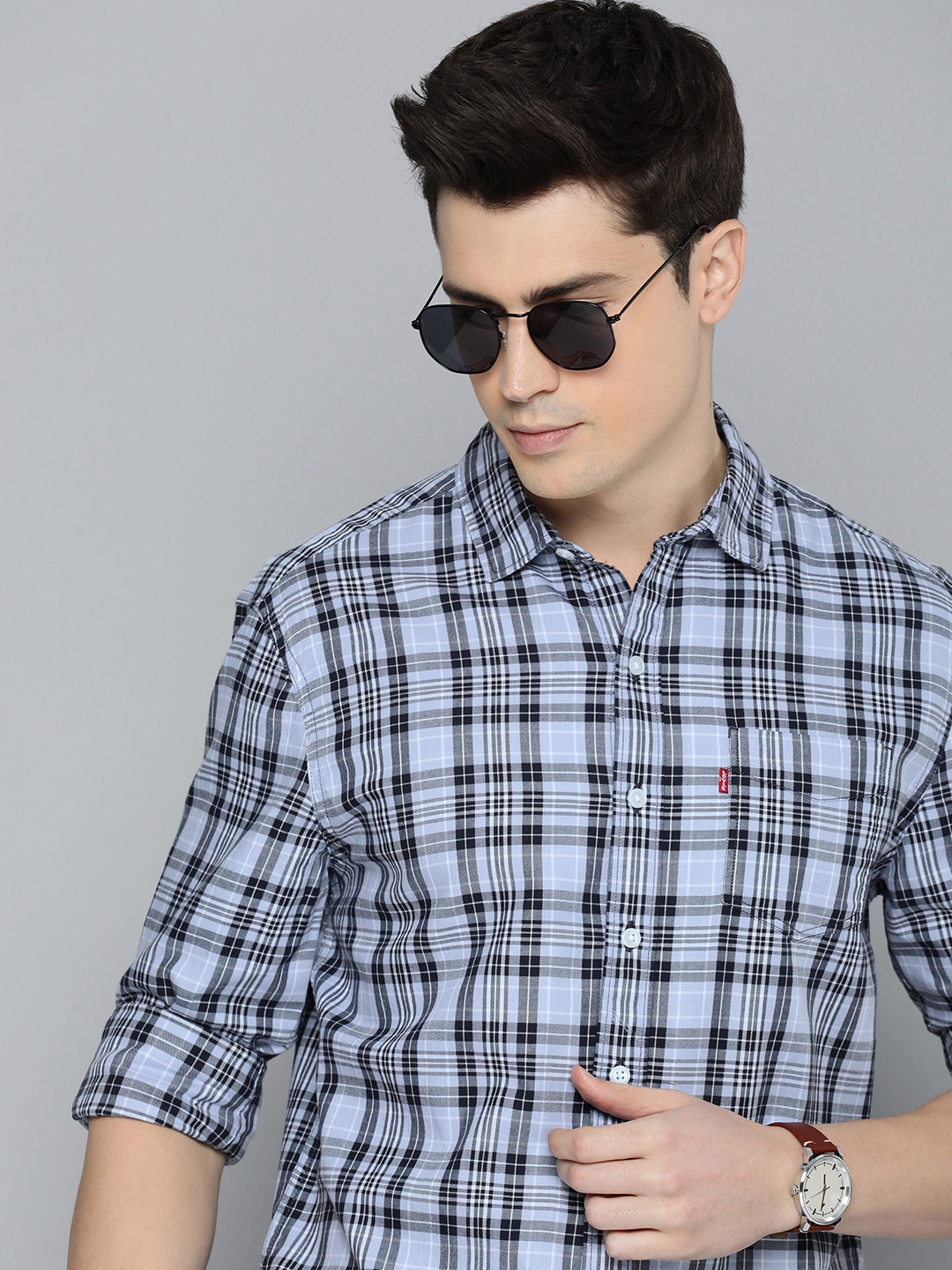 Levis Slim Fit Checked Pure Cotton Casual Shirt, Navy blue