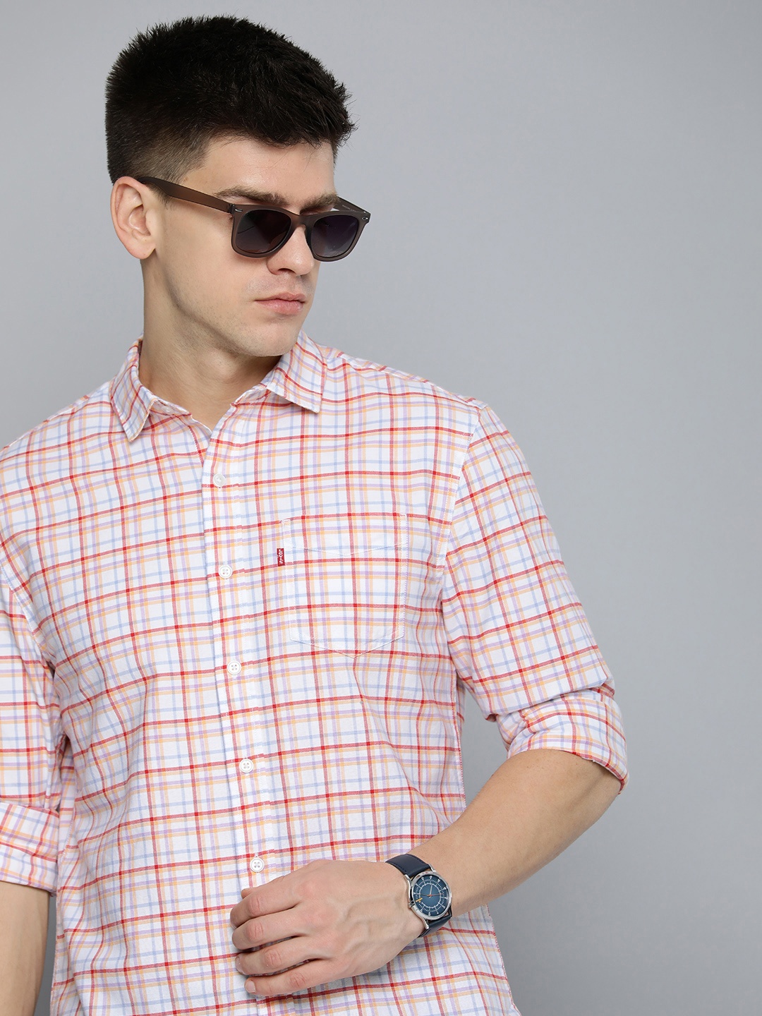 Levis Slim Fit Checked Pure Cotton Casual Shirt, White
