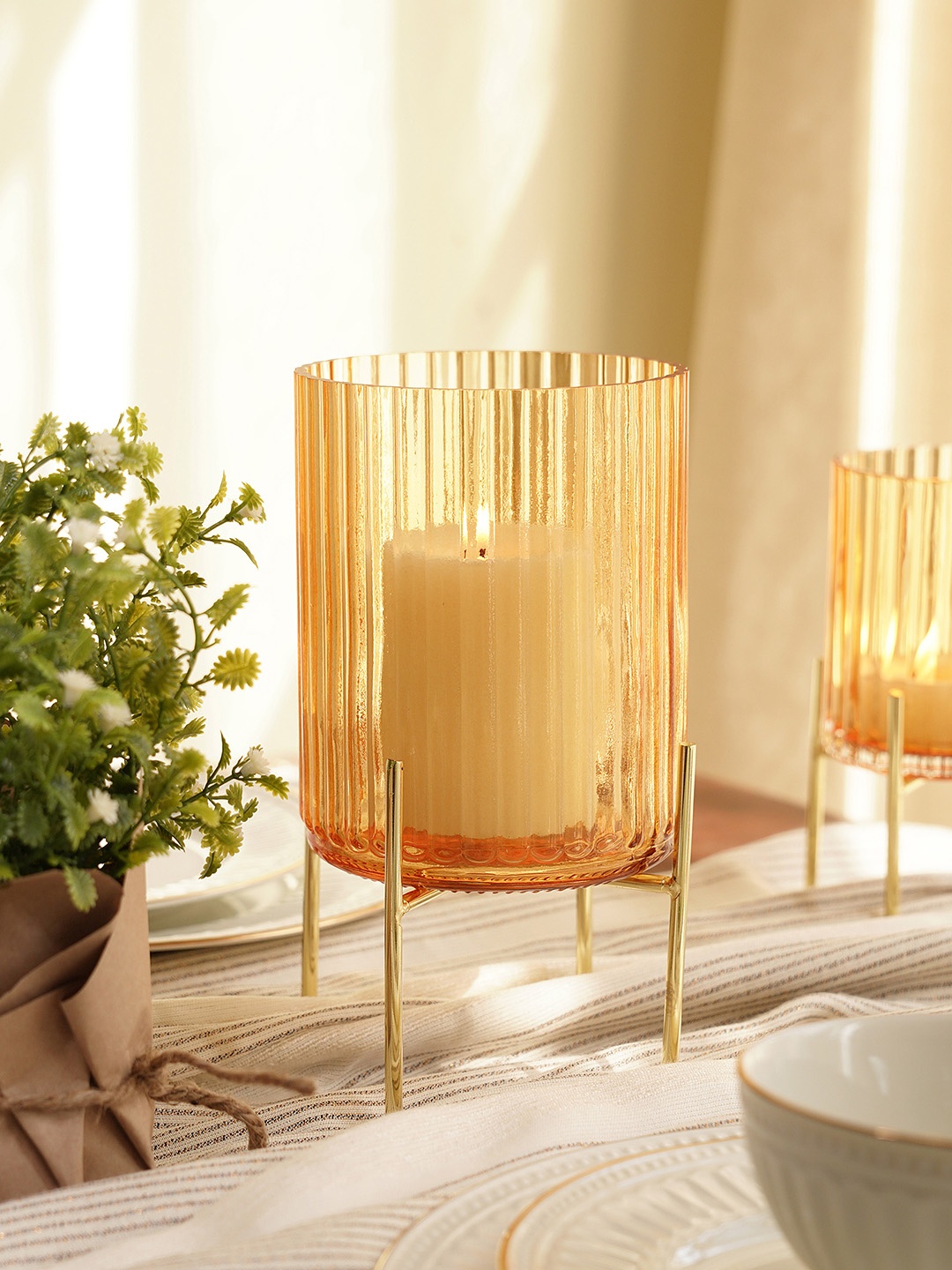 

Pure Home and Living Ribbed Glass Hurricane Candle Holder, Gold