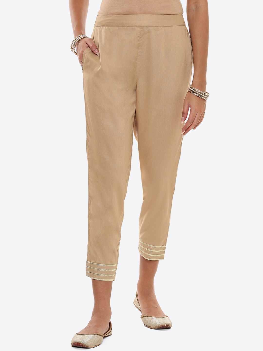 

2Bme Women Mid Rise Cigarette Trousers, Beige