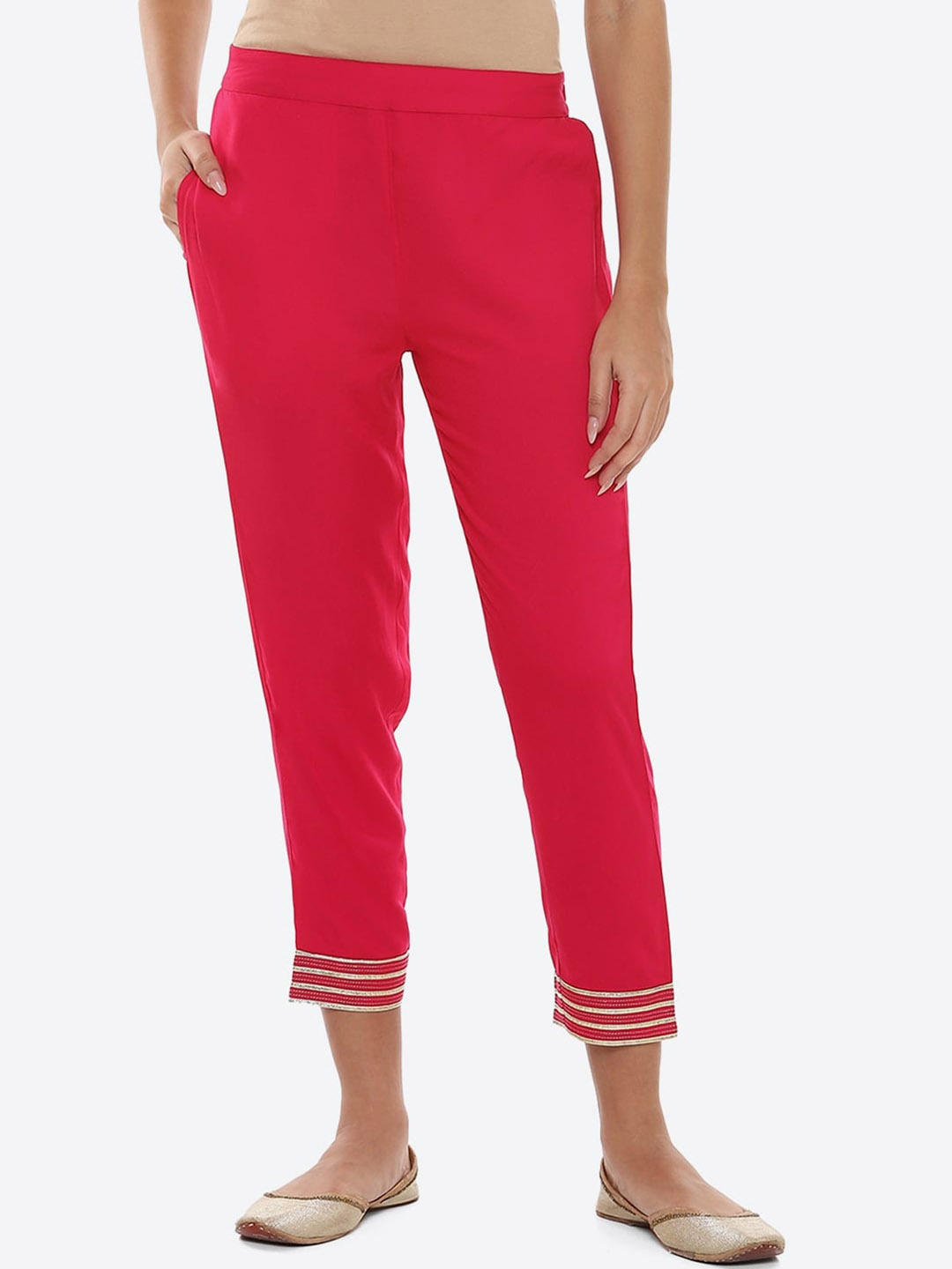 

2Bme Women Mid-Rise Cigarette Trousers, Pink
