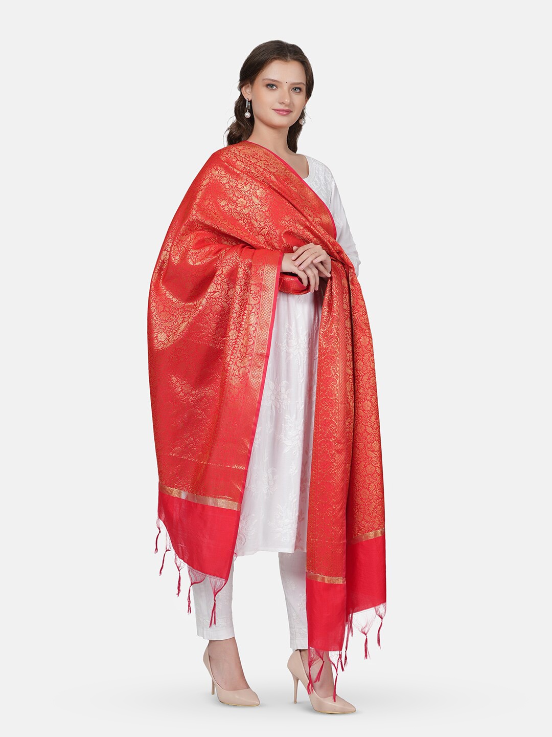 

MUFFLY Ethnic Motifs Woven Designed Zari Dupatta, Red