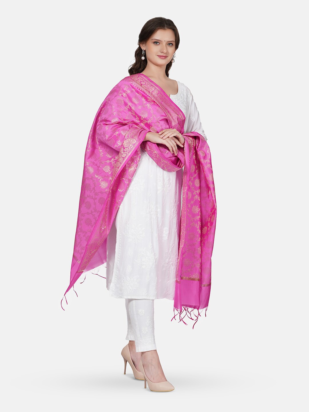 

MUFFLY Ethnic Motifs Woven Design Zari Banarasi Dupatta, Pink