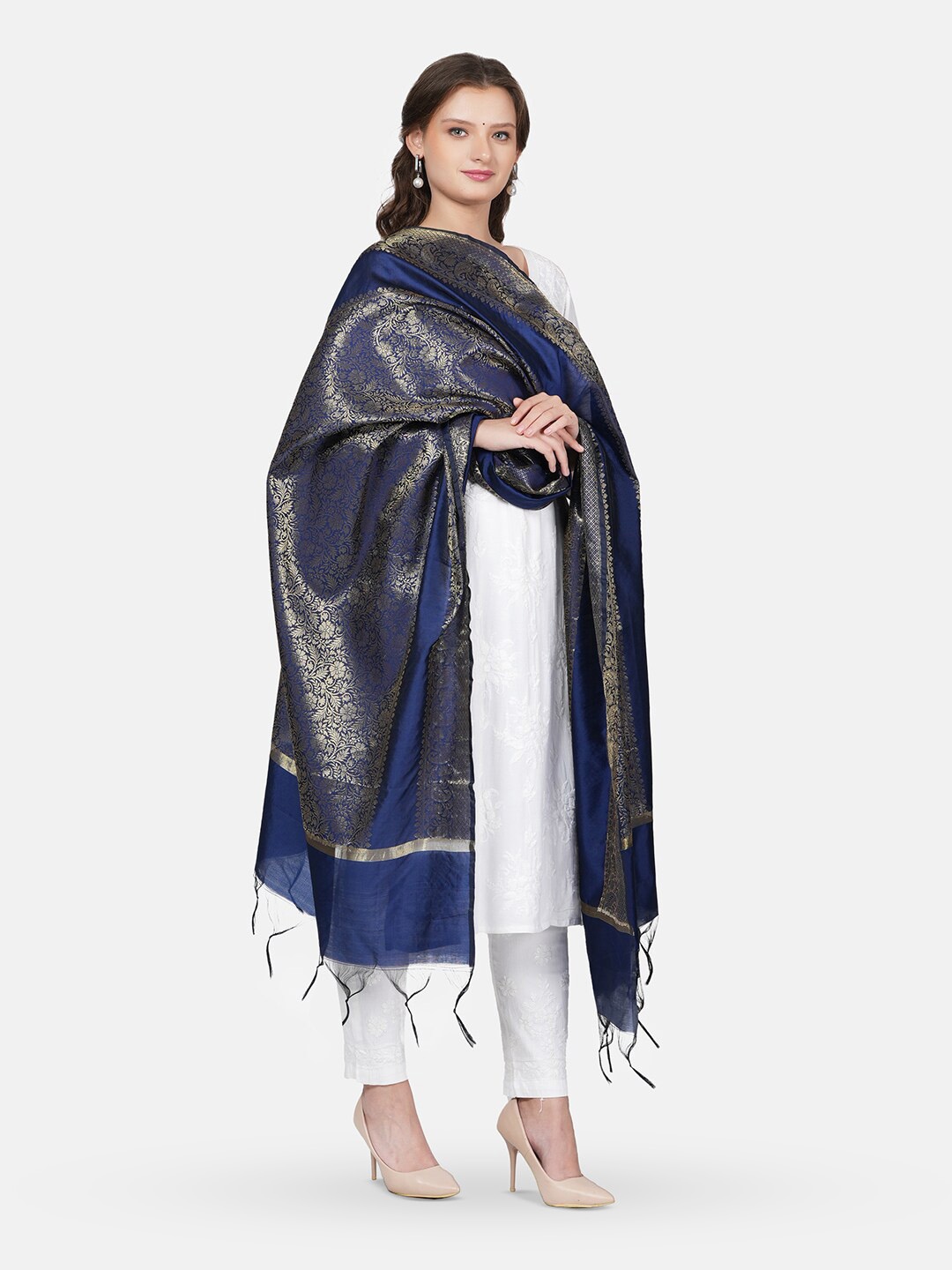 

MUFFLY Floral Woven Designed Zari Dupatta, Navy blue