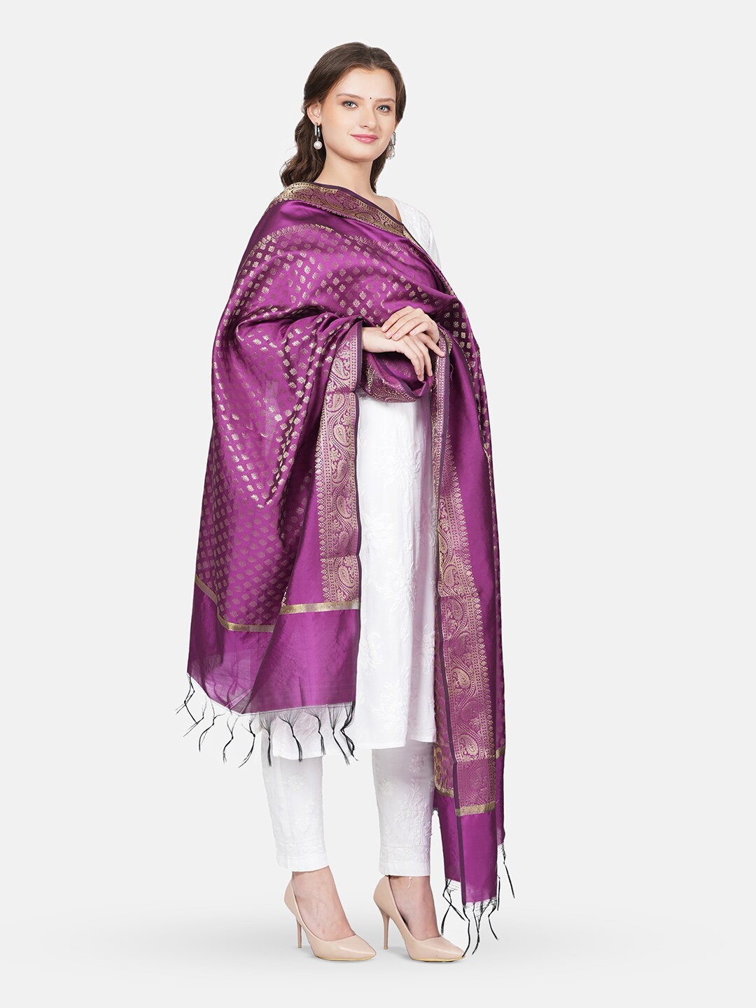 

MUFFLY Ethnic Motifs Woven Design Zari Banarasi Dupatta, Purple