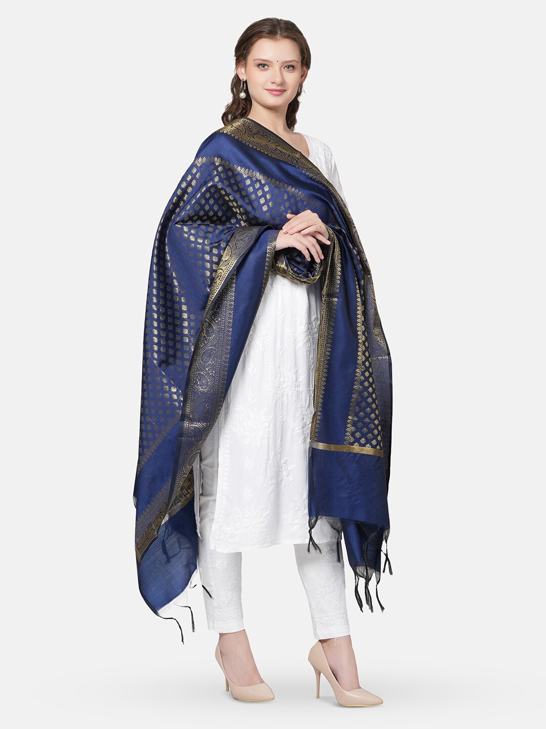 

MUFFLY Ethnic Motifs Woven Design Banarasi Dupatta With Zari, Blue