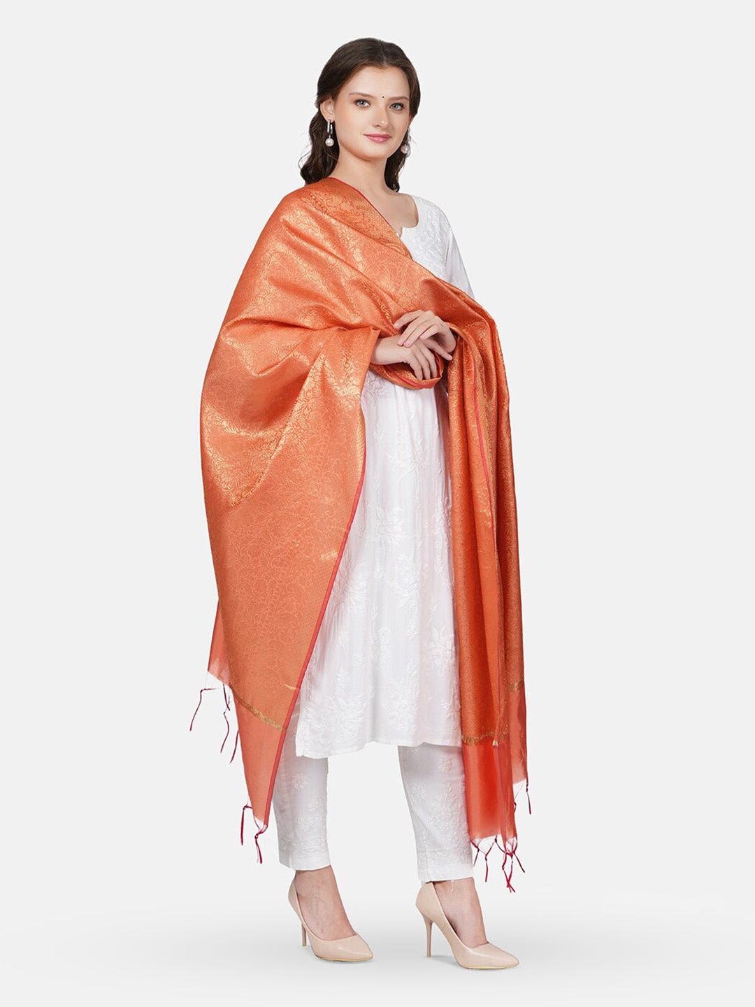 

MUFFLY Floral Woven Designed Zari Dupatta, Orange