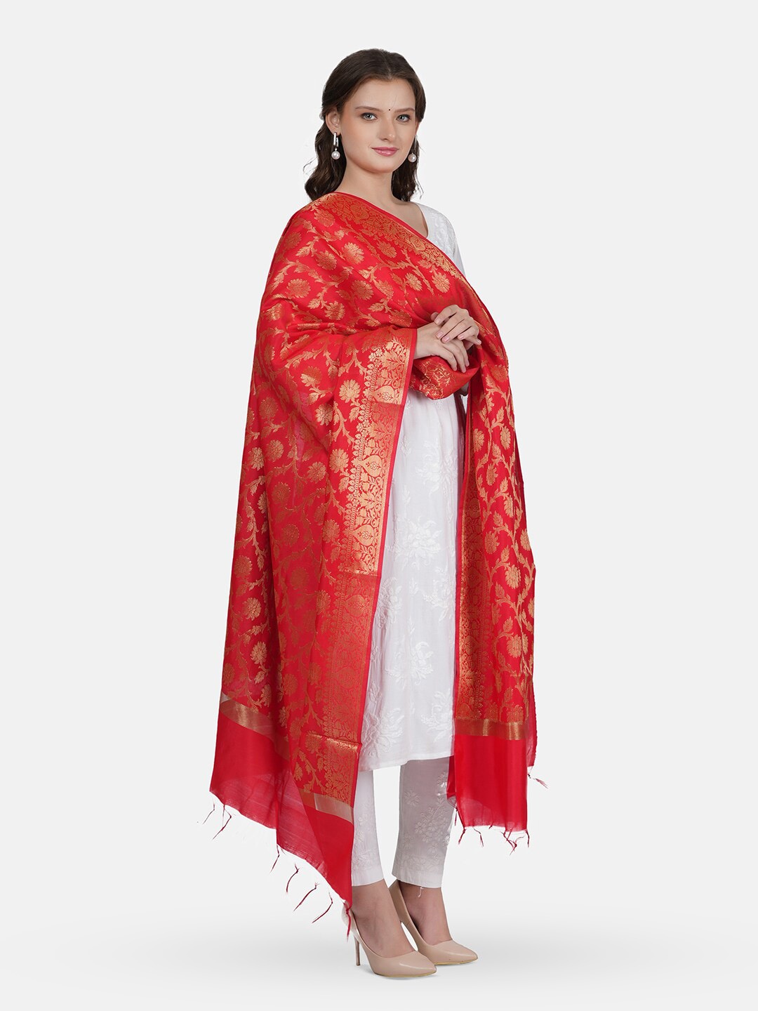 

MUFFLY Ethnic Motifs Woven Designed Zari Dupatta, Red