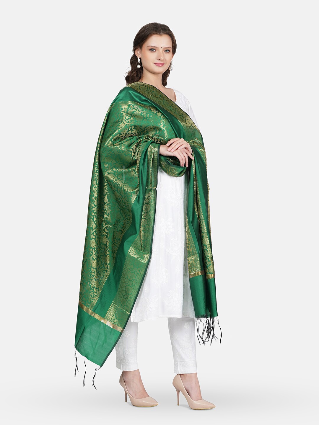 

MUFFLY Ethnic Motifs Woven Design Banarasi Dupatta With Zari, Green