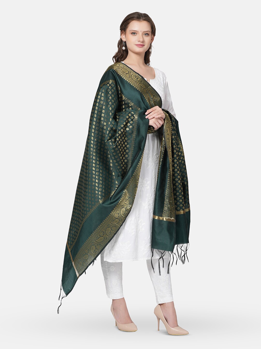 

MUFFLY Ethnic Motifs Woven Design Banarasi Dupatta With Zari, Green
