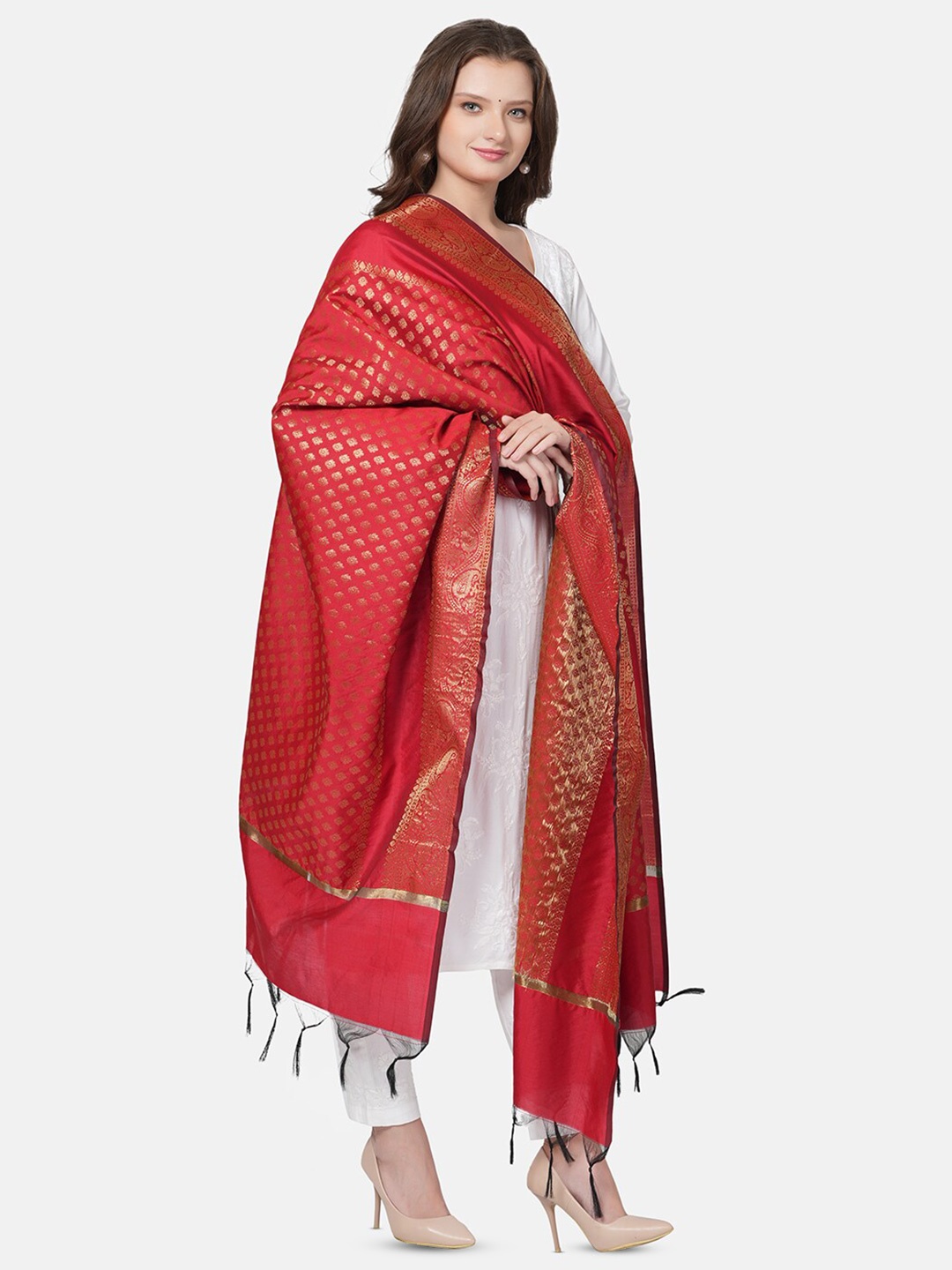 

MUFFLY Ethnic Motifs Woven Design Zari Banarasi Dupatta, Maroon