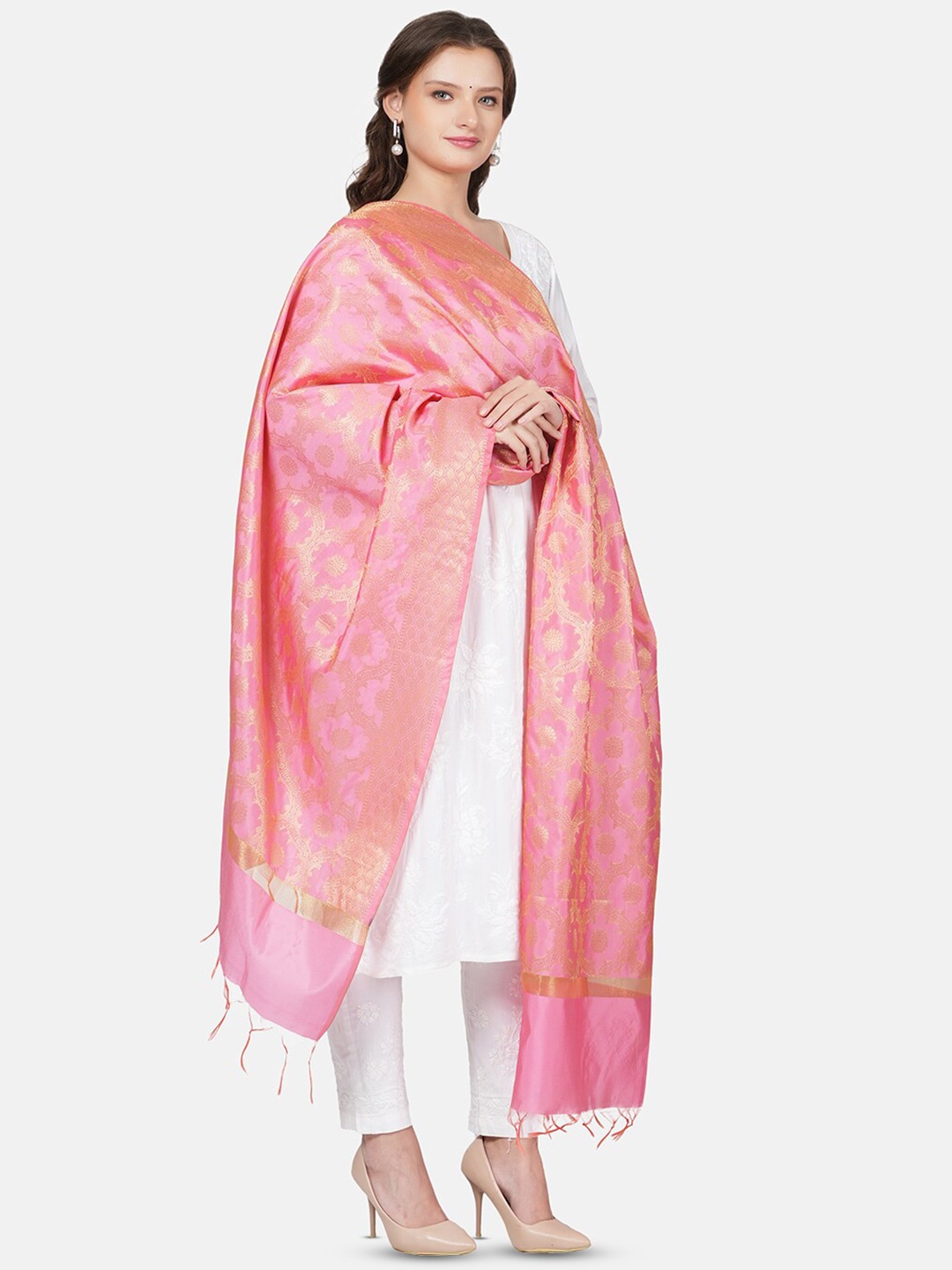 

MUFFLY Ethnic Motifs Woven Design Zari Banarasi Dupatta, Pink