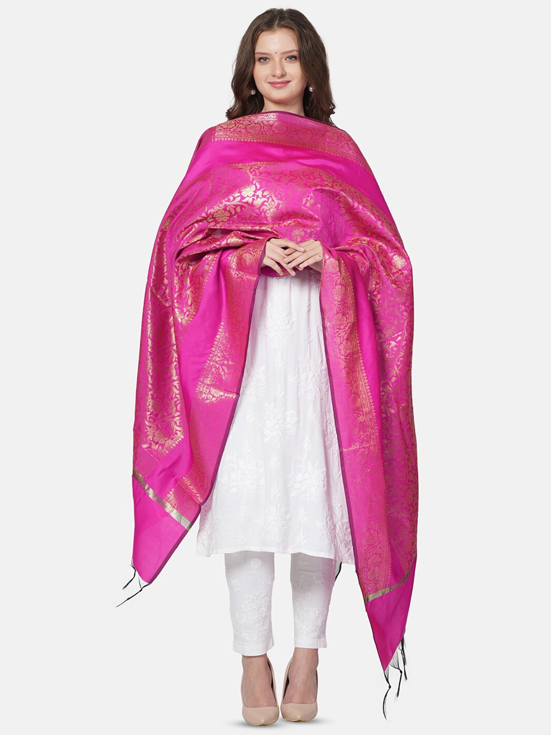 

MUFFLY Ethnic Motifs Woven Design Zari Banarasi Dupatta, Pink