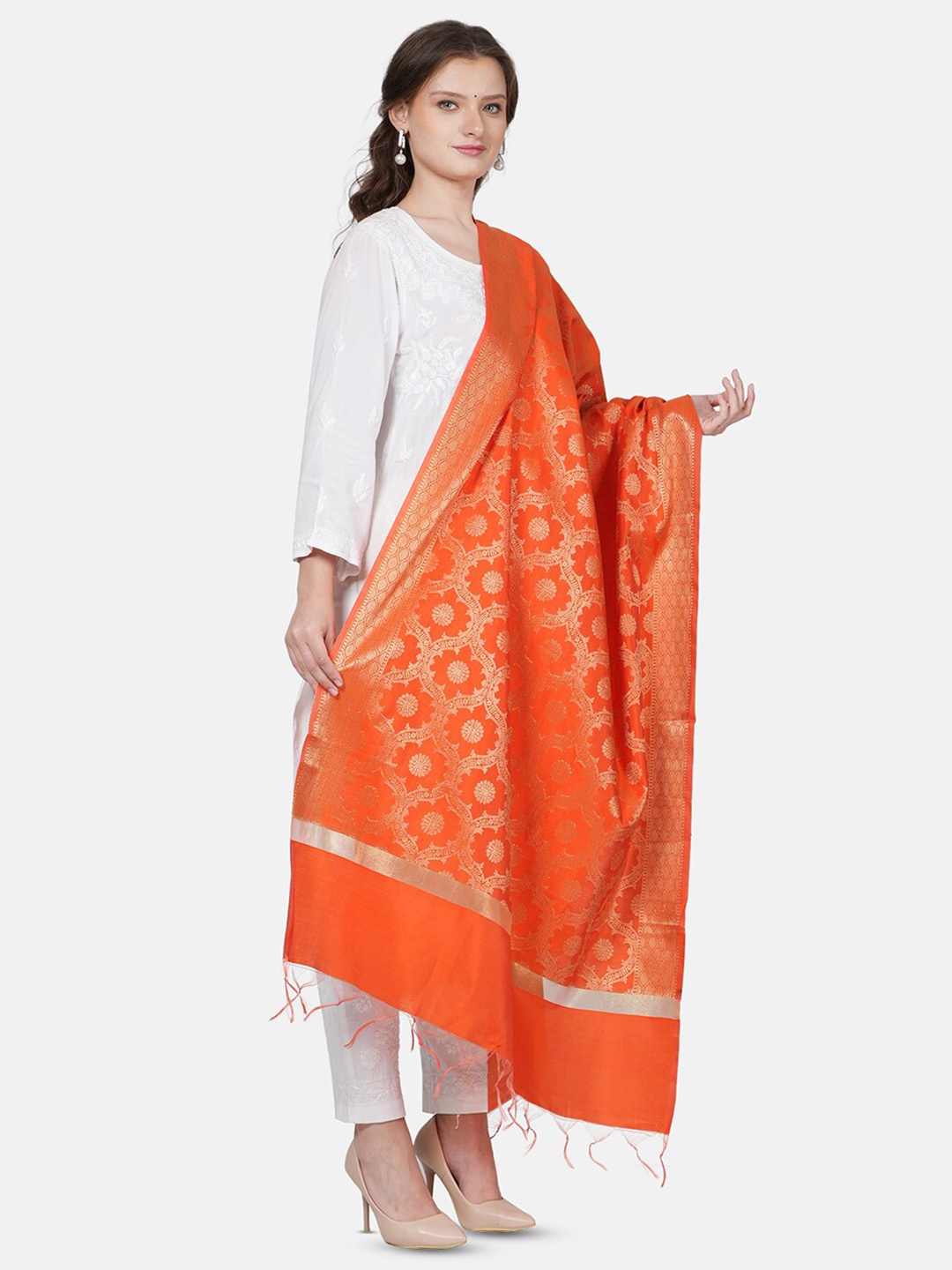 

MUFFLY Ethnic Motifs Woven Design Banarasi Dupatta With Zari, Red