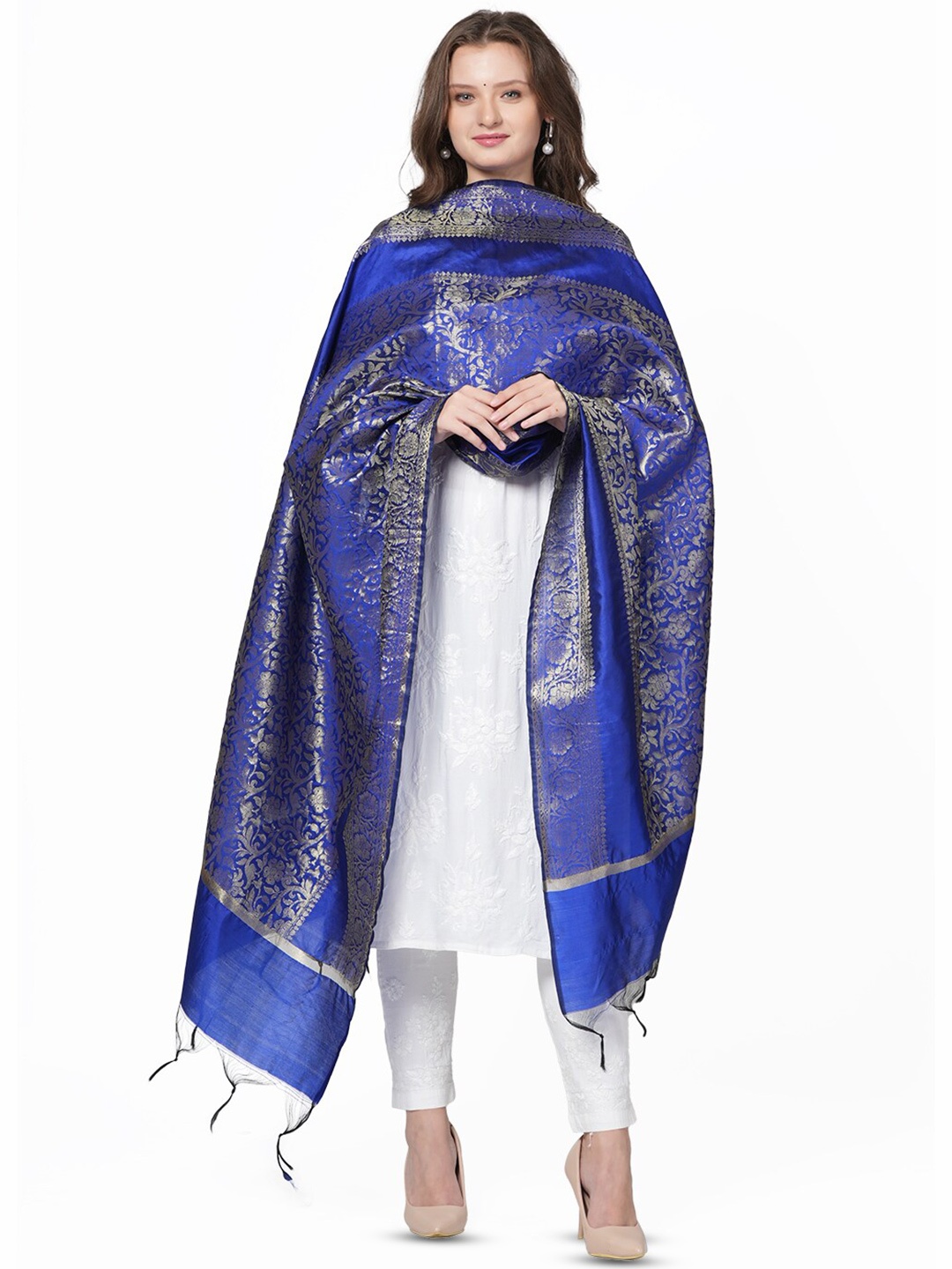 

MUFFLY Ethnic Motifs Woven Design Banarasi Dupatta With Zari, Blue