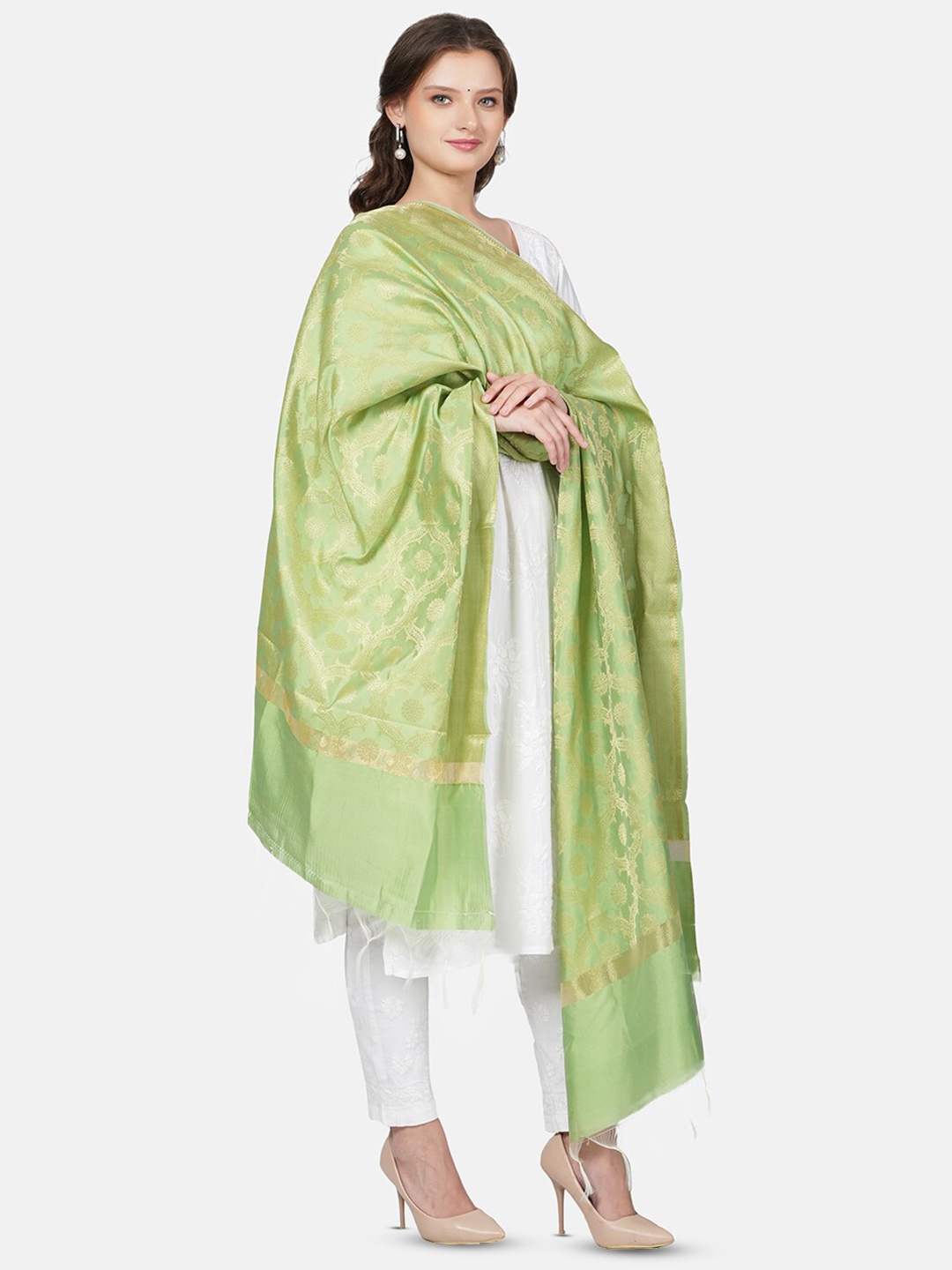 

MUFFLY Ethnic Motifs Woven Designed Zari Dupatta, Green