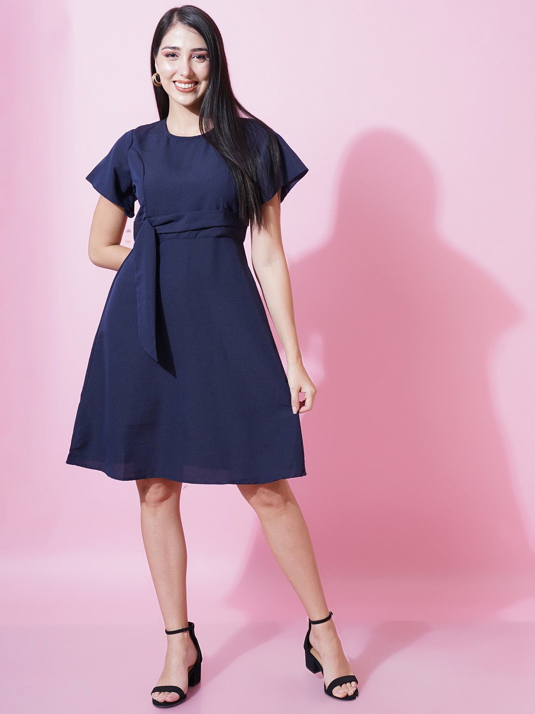

Kushi Flyer Belted Crepe Fit & Flare Dress, Navy blue