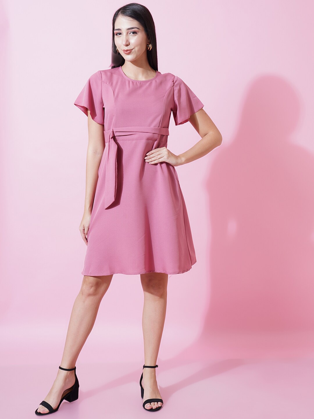 

Kushi Flyer Belted Crepe Fit & Flare Dress, Rose