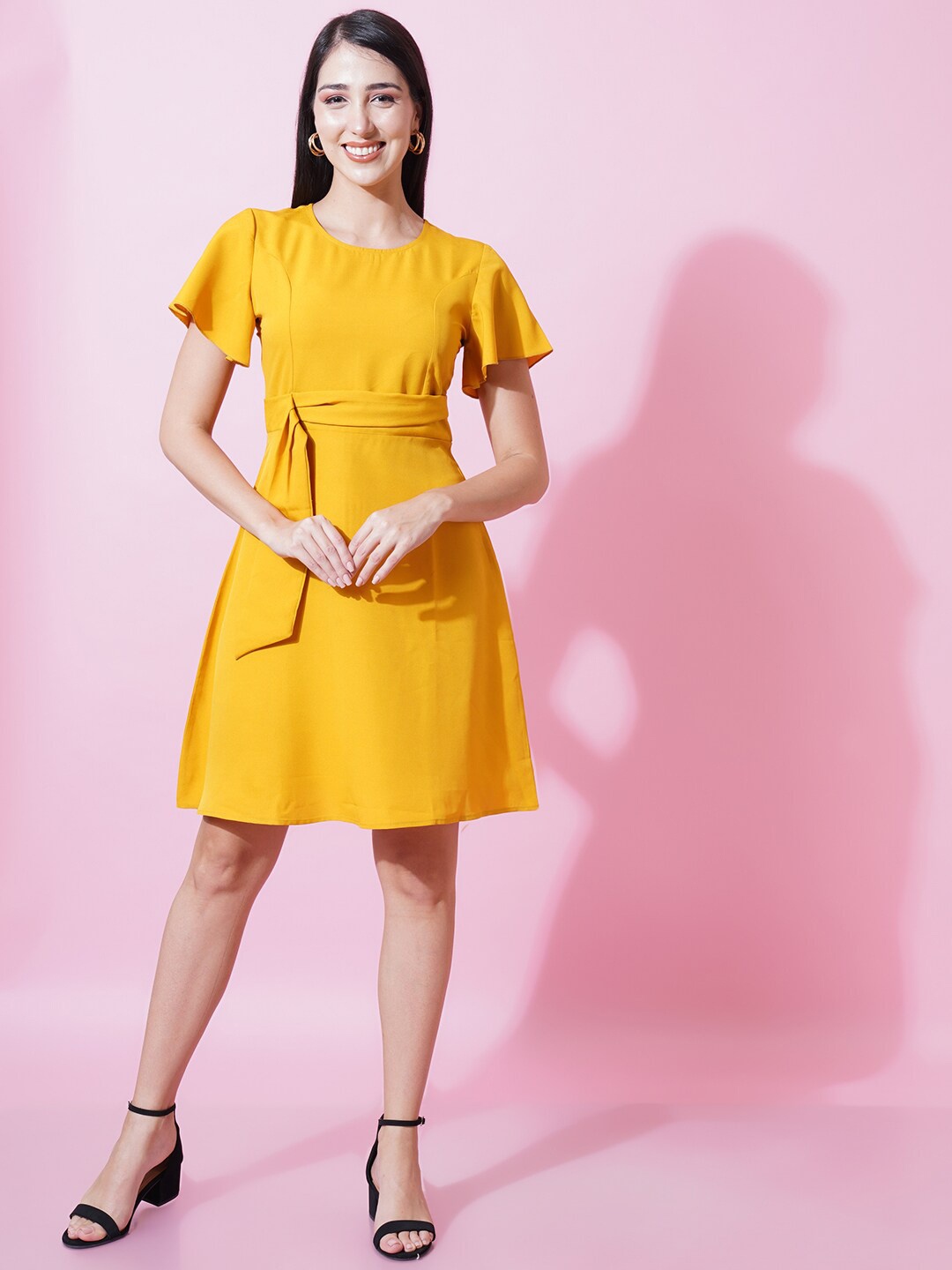 

Kushi Flyer Belted Crepe Fit & Flare Dress, Mustard