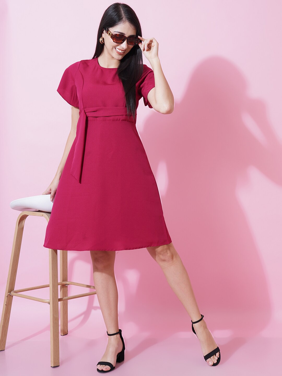 

Kushi Flyer Belted Crepe Fit & Flare Dress, Maroon