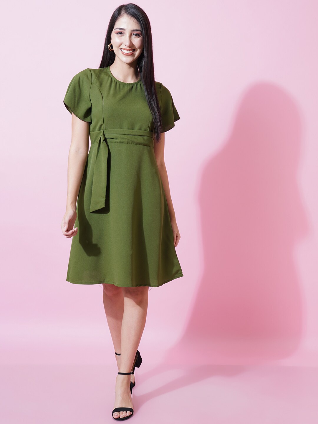 

Kushi Flyer Belted Crepe Fit & Flare Dress, Olive