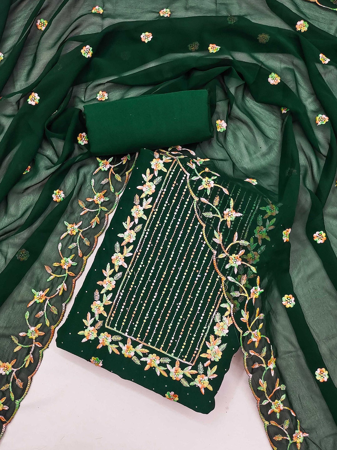 

KALINI Floral Embroidered Beads and Stones Unstitched Dress Material, Green