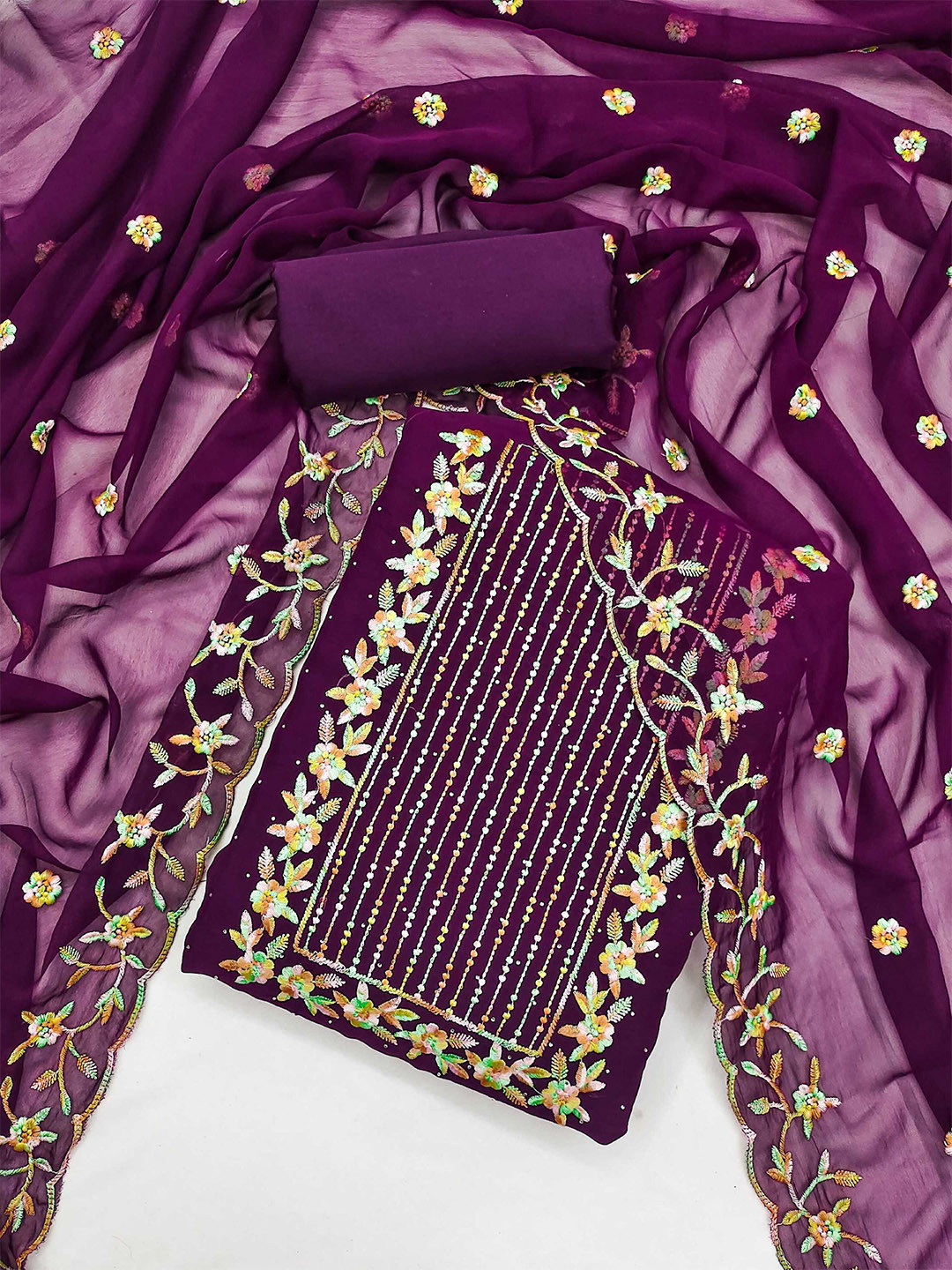

KALINI Ethnic Motifs Embroidered Unstitched Dress Material, Purple