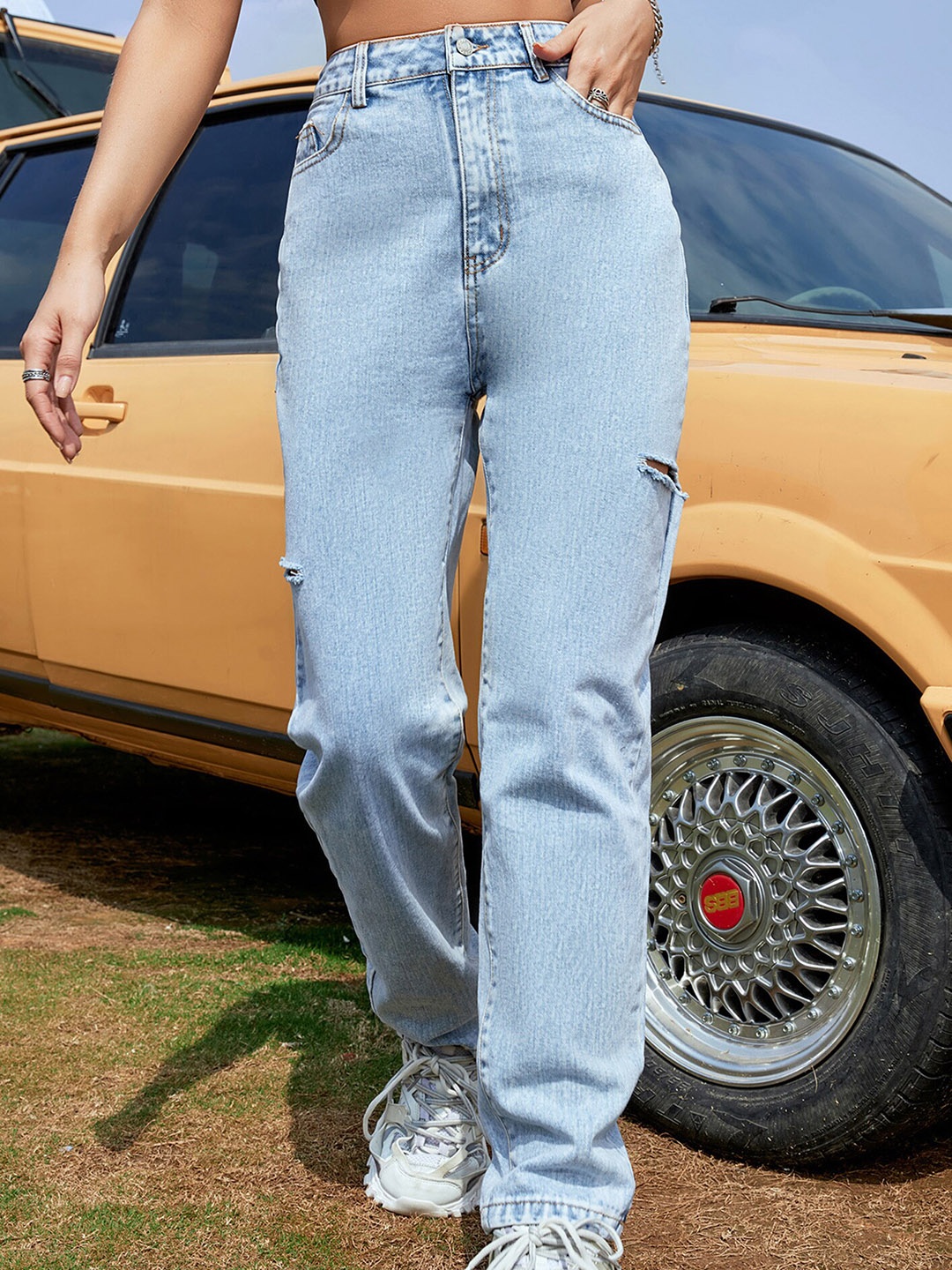 

LULU & SKY Women Blue Straight Fit Mildly Distressed High-Rise Stretchable Jeans