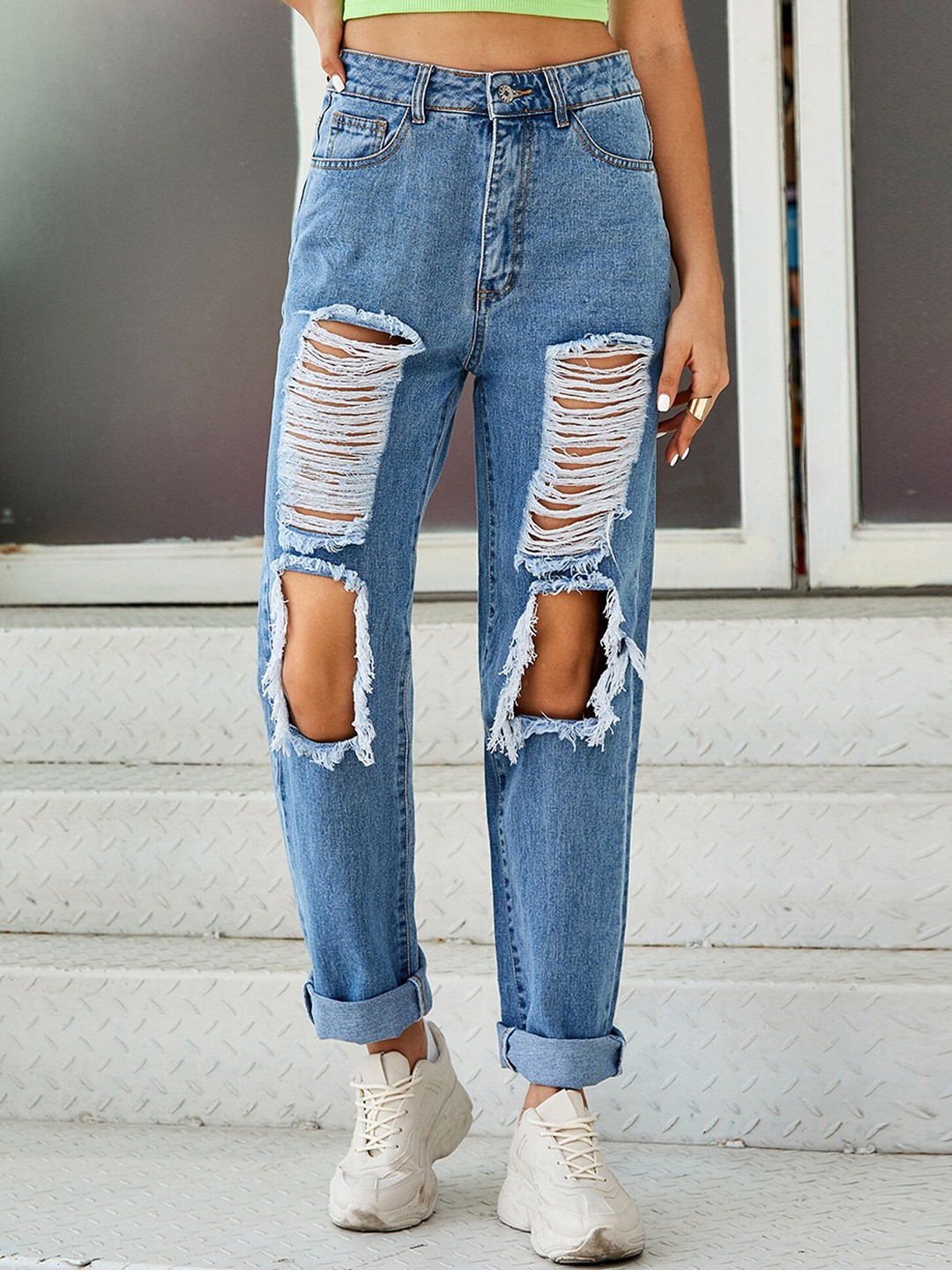 

LULU & SKY Women Mom Fit High-Rise Highly Distressed Stretchable Jeans, Blue