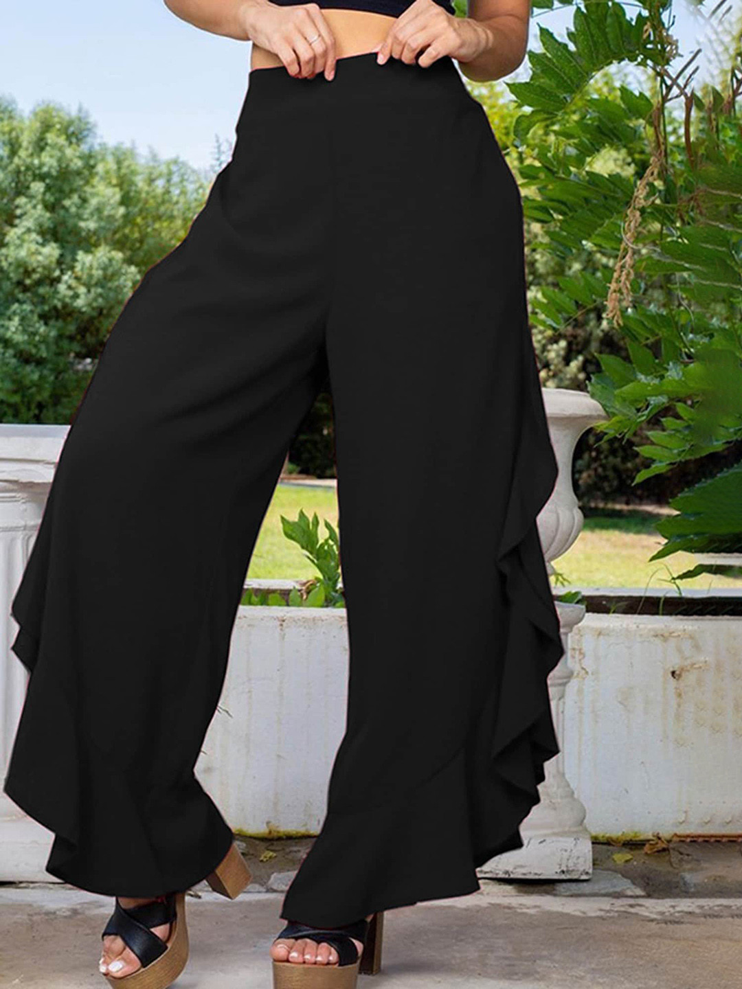 

LULU & SKY Women Loose Fit High Rise Trousers, Black