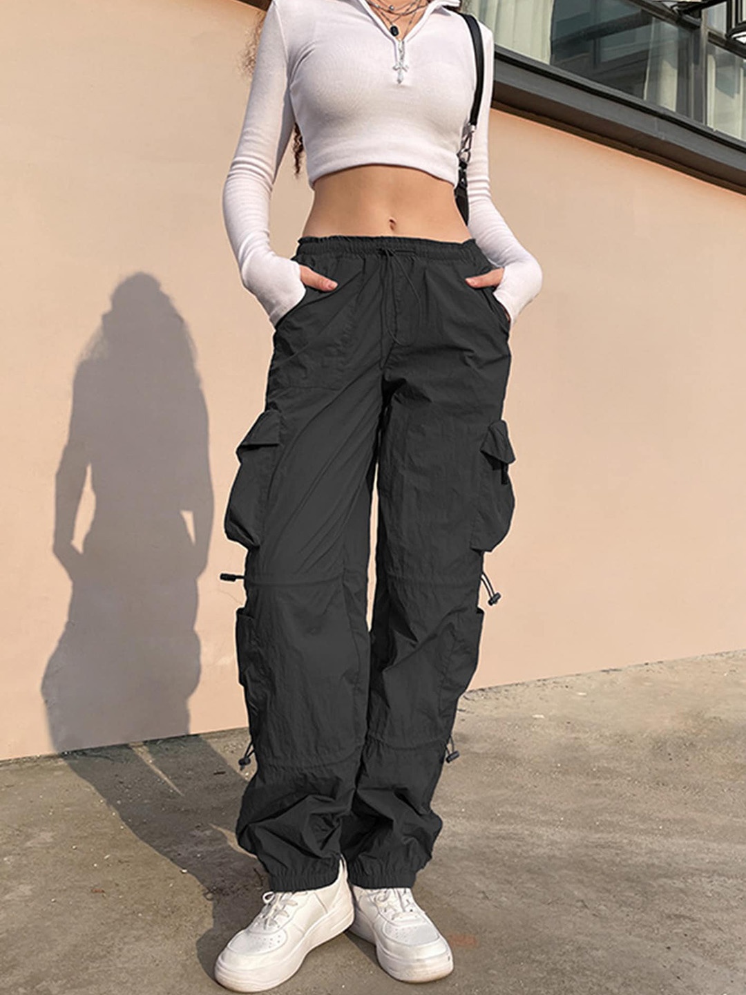 

LULU & SKY Women Low-Rise Regular Fit Parachute Trousers, Black