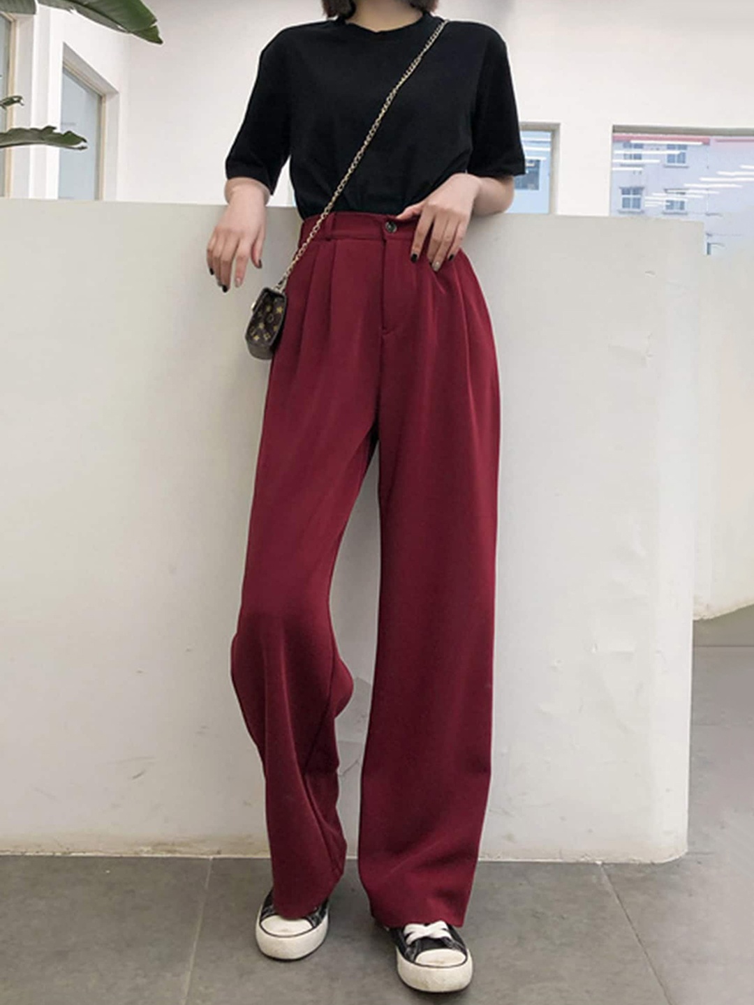 

LULU & SKY Women Mid-Rise Pleated Parallel Trousers, Red