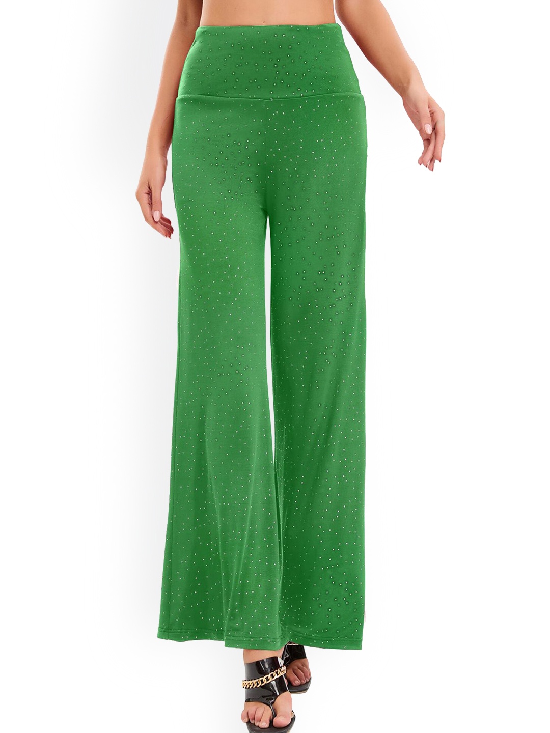 

LULU & SKY Women Polka Dots Printed Wide leg Parallel Trousers, Green