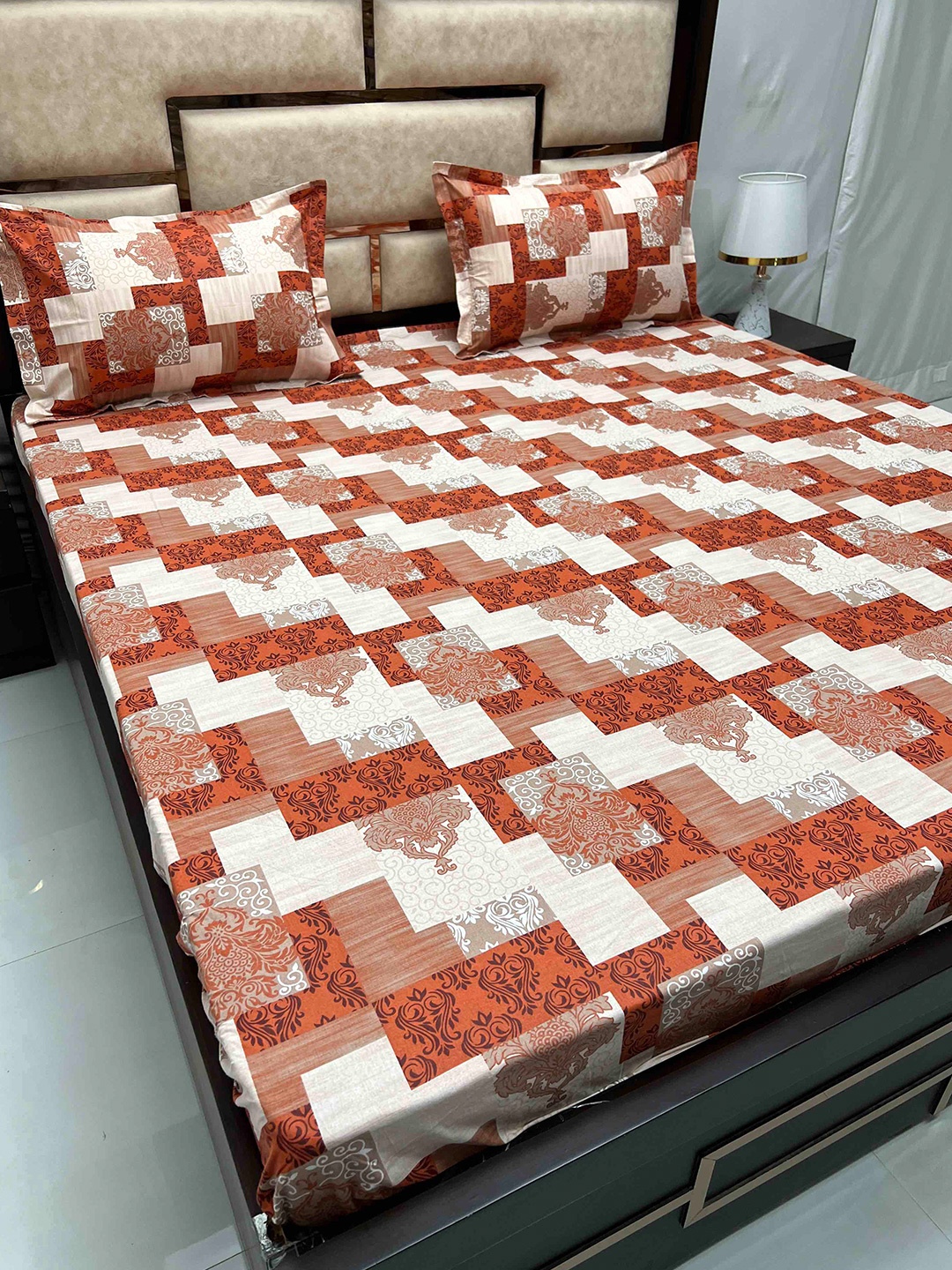 

Pure Decor Orange Printed Cotton Fitted 330 TC Super King Bedsheet & 2 Pillow Covers