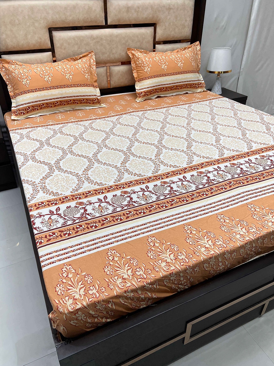 

Pure Decor Sapphire Orange Floral Cotton 330 TC Fitted King Bedsheet & 2 Pillow Covers