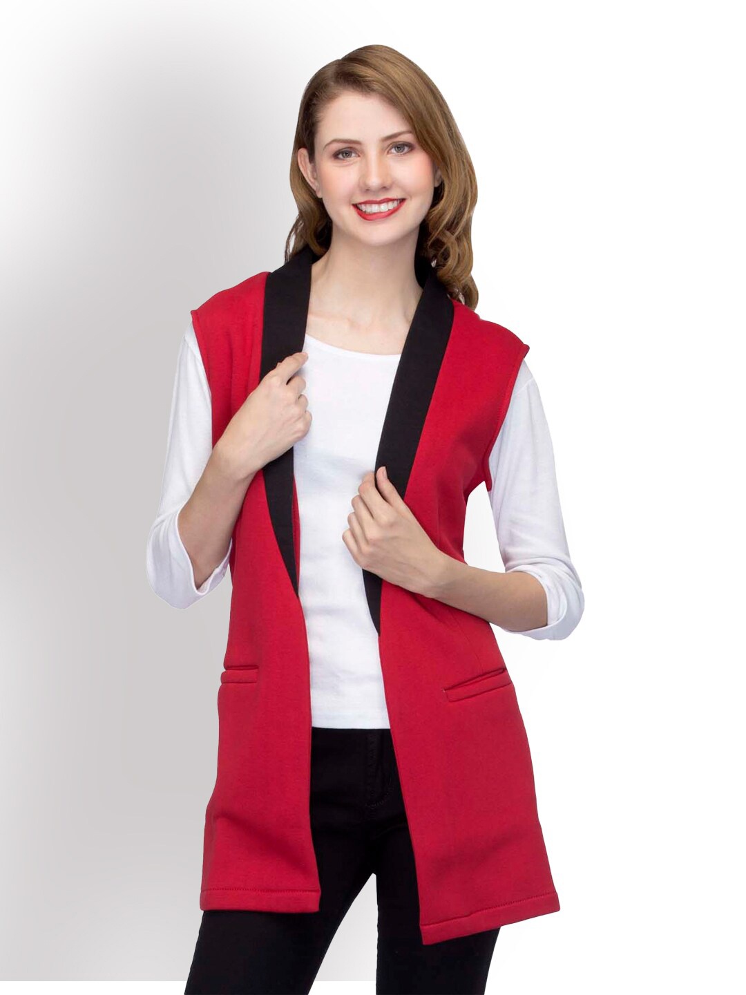 

urSense Sleeveless Fleece Front-Open Shrug, Red