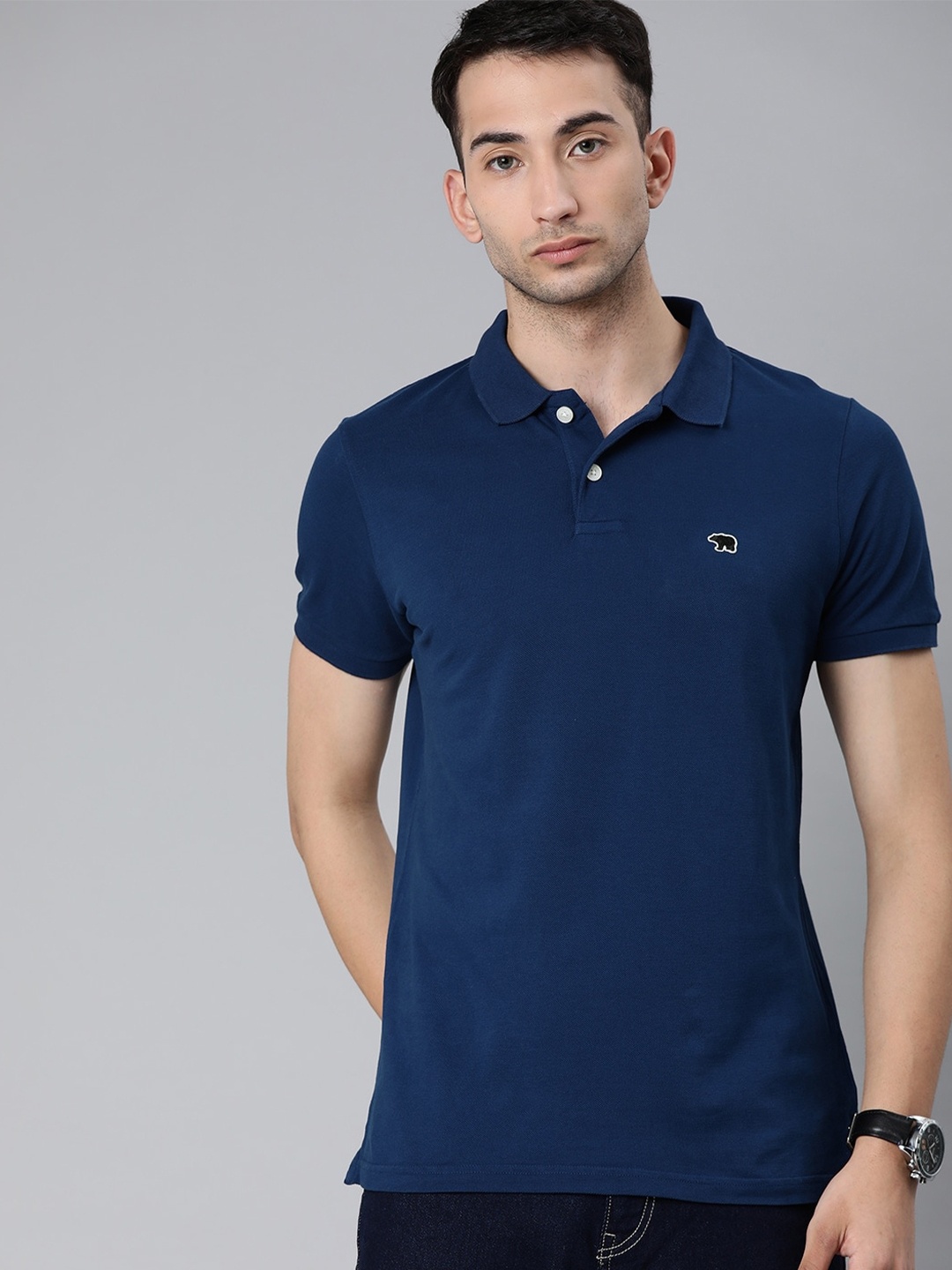 

THE BEAR HOUSE Polo Collar Slim Fit Pure Cotton T-shirt, Navy blue