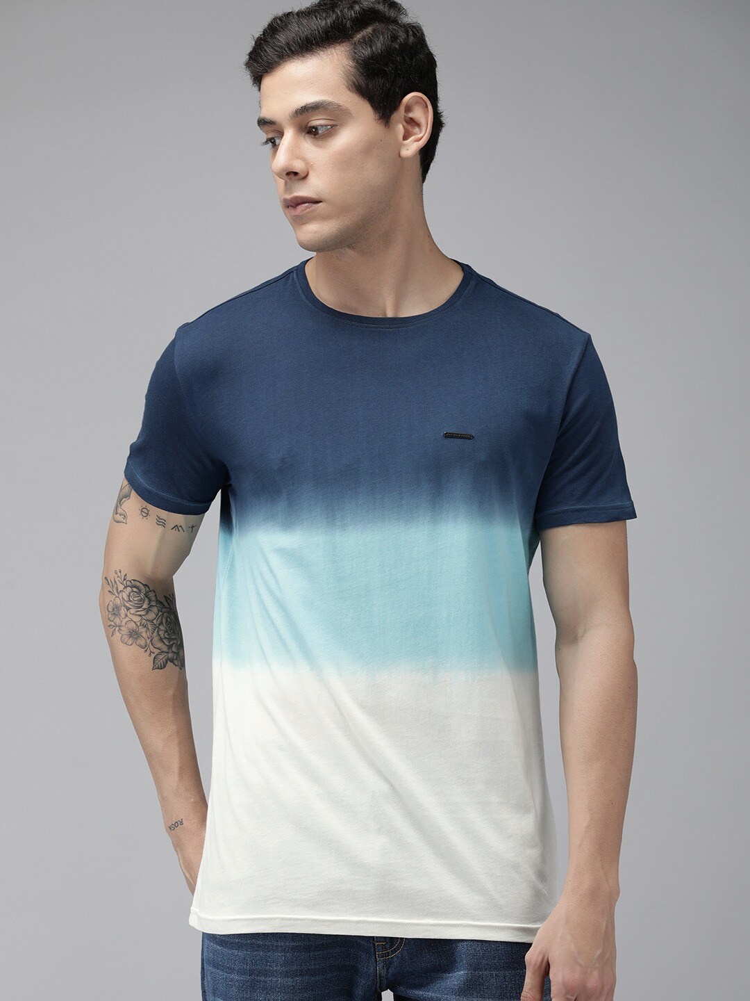 

THE BEAR HOUSE Tie & Dye Dyed Slim Fit Round Neck Pure Cotton T-shirt, Navy blue