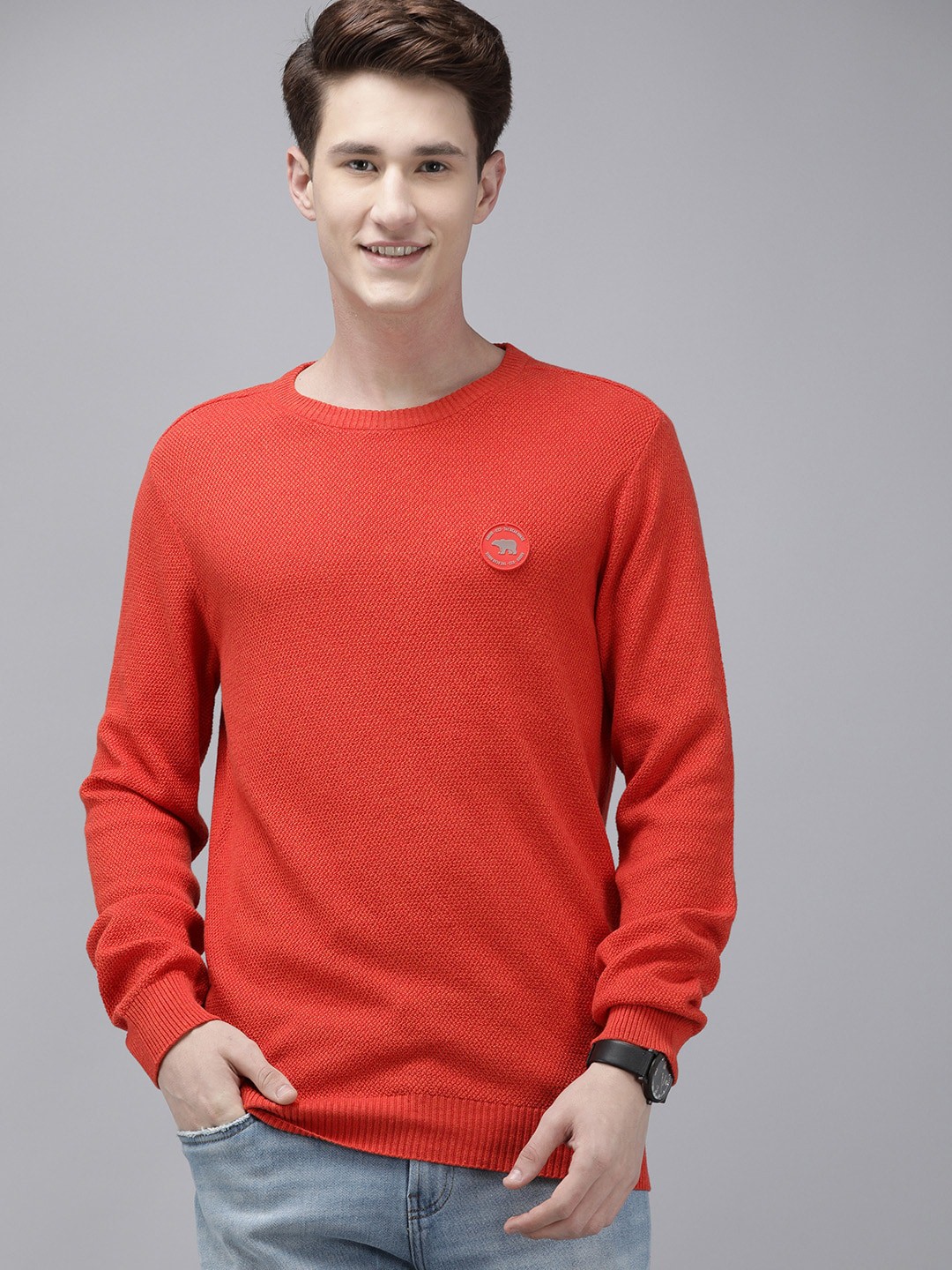 

THE BEAR HOUSE Round Neck Long Sleeves Slim Fit T-shirt, Orange