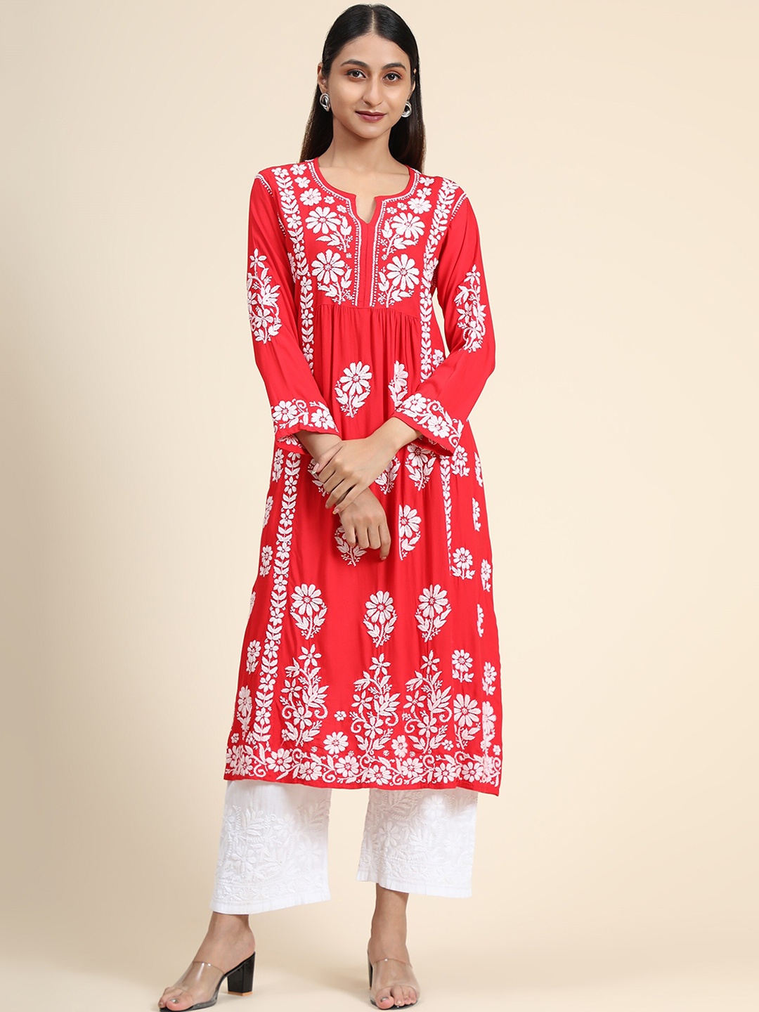 

HOUSE OF KARI Floral Embroidered Chikankari A-Line Kurta, Red